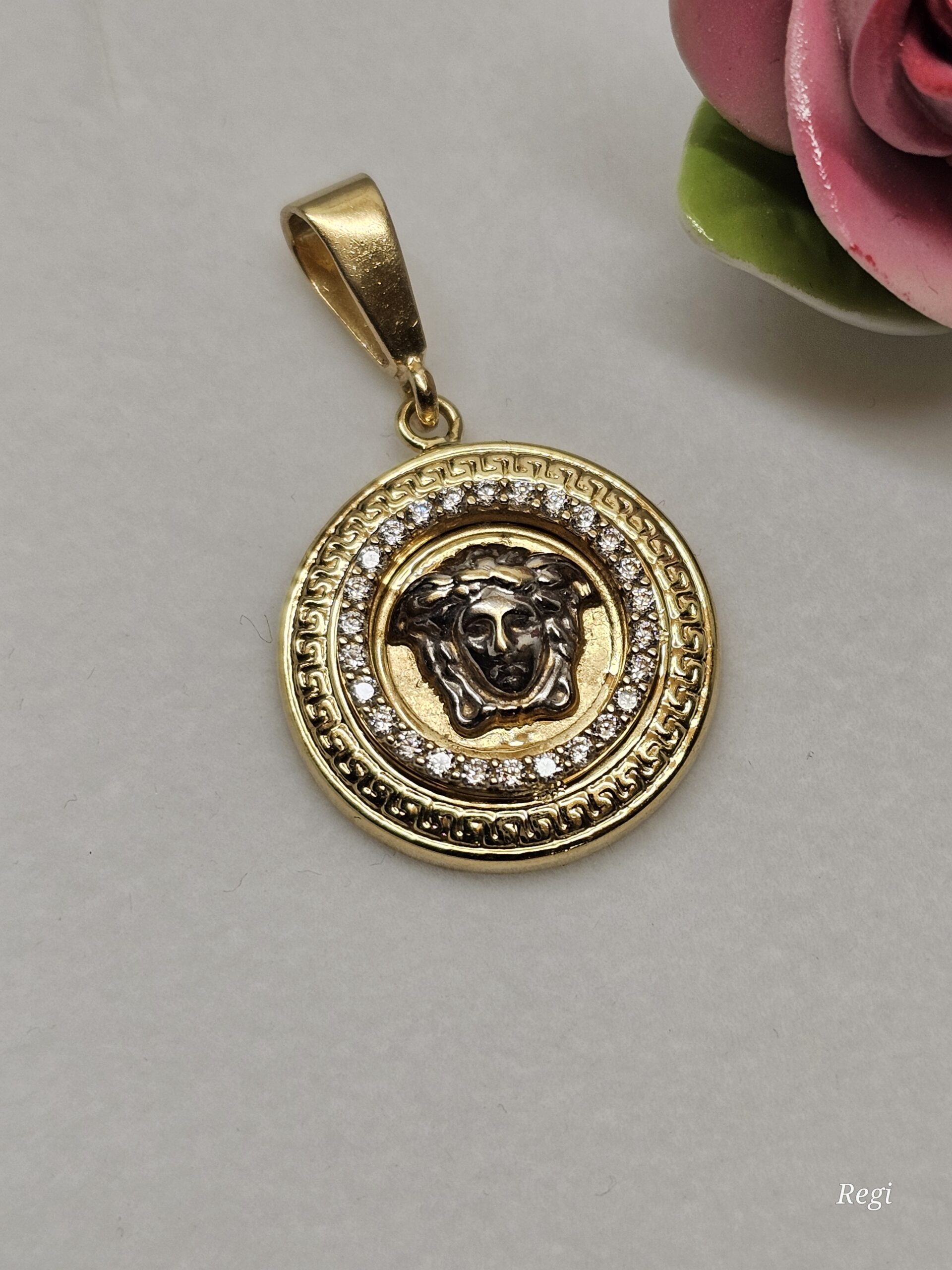 Eleganter Goldanhänger Anhänger - ohne Kette - Medusa Gold 585 teilplatiniert Kristalle Steinchen klar Mäander Design Vintage elegant GAN220 – Bild 3