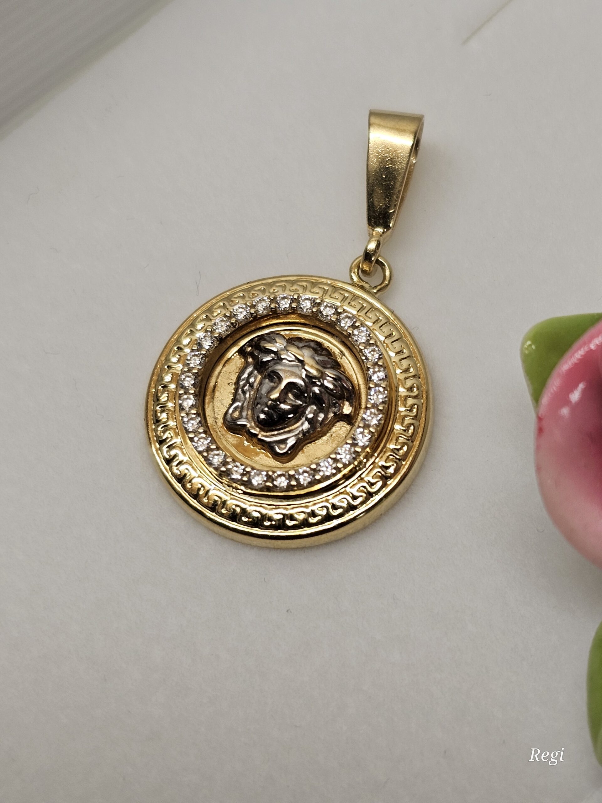 Eleganter Goldanhänger Anhänger - ohne Kette - Medusa Gold 585 teilplatiniert Kristalle Steinchen klar Mäander Design Vintage elegant GAN220 – Bild 4