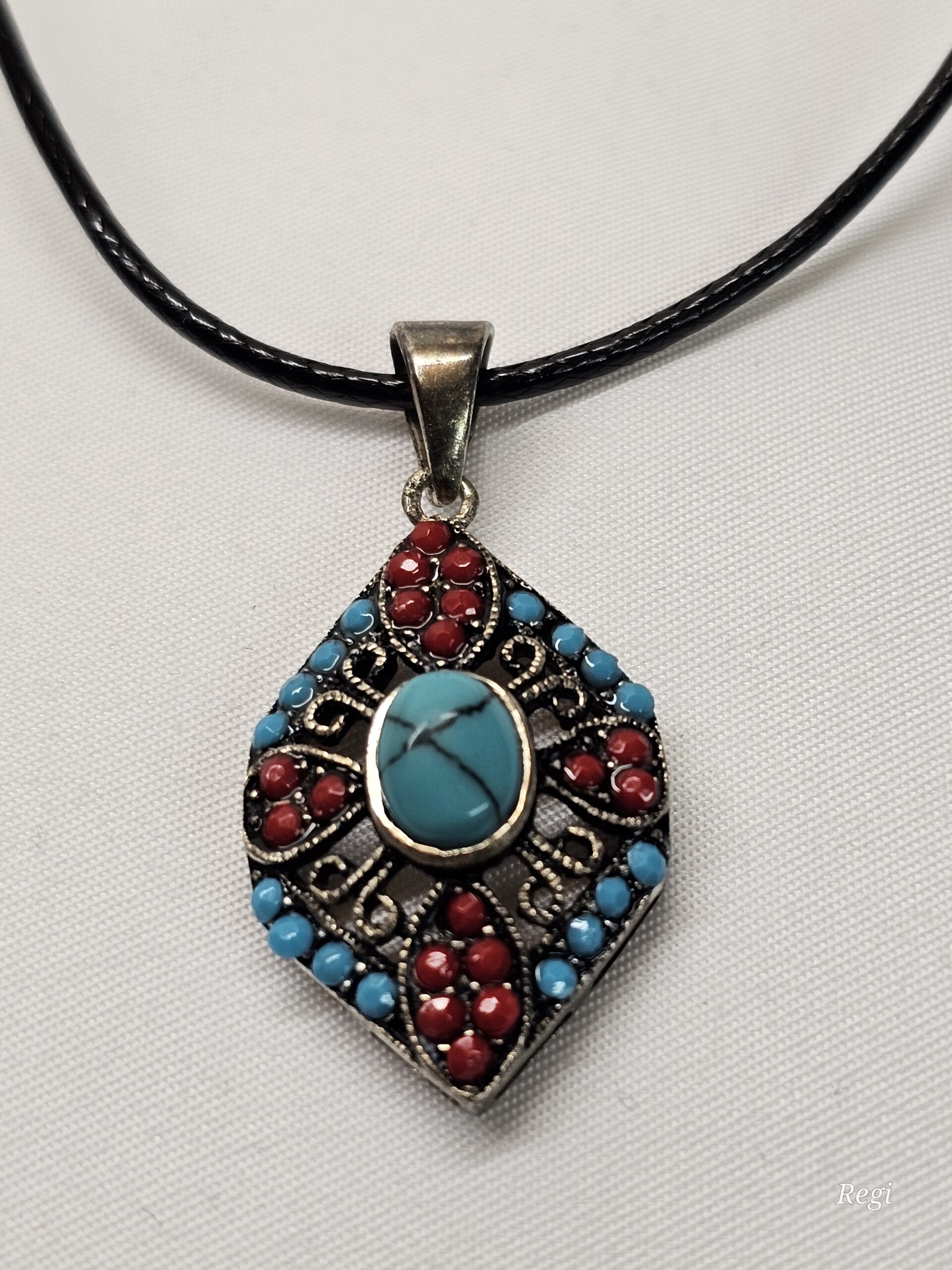 Nostalgischer Anhänger ohne Kette Indianerschmuck Silber 925 Türkis Koralle filigrane Silberschmiede Kunst selten rar SKA1383 – Bild 2