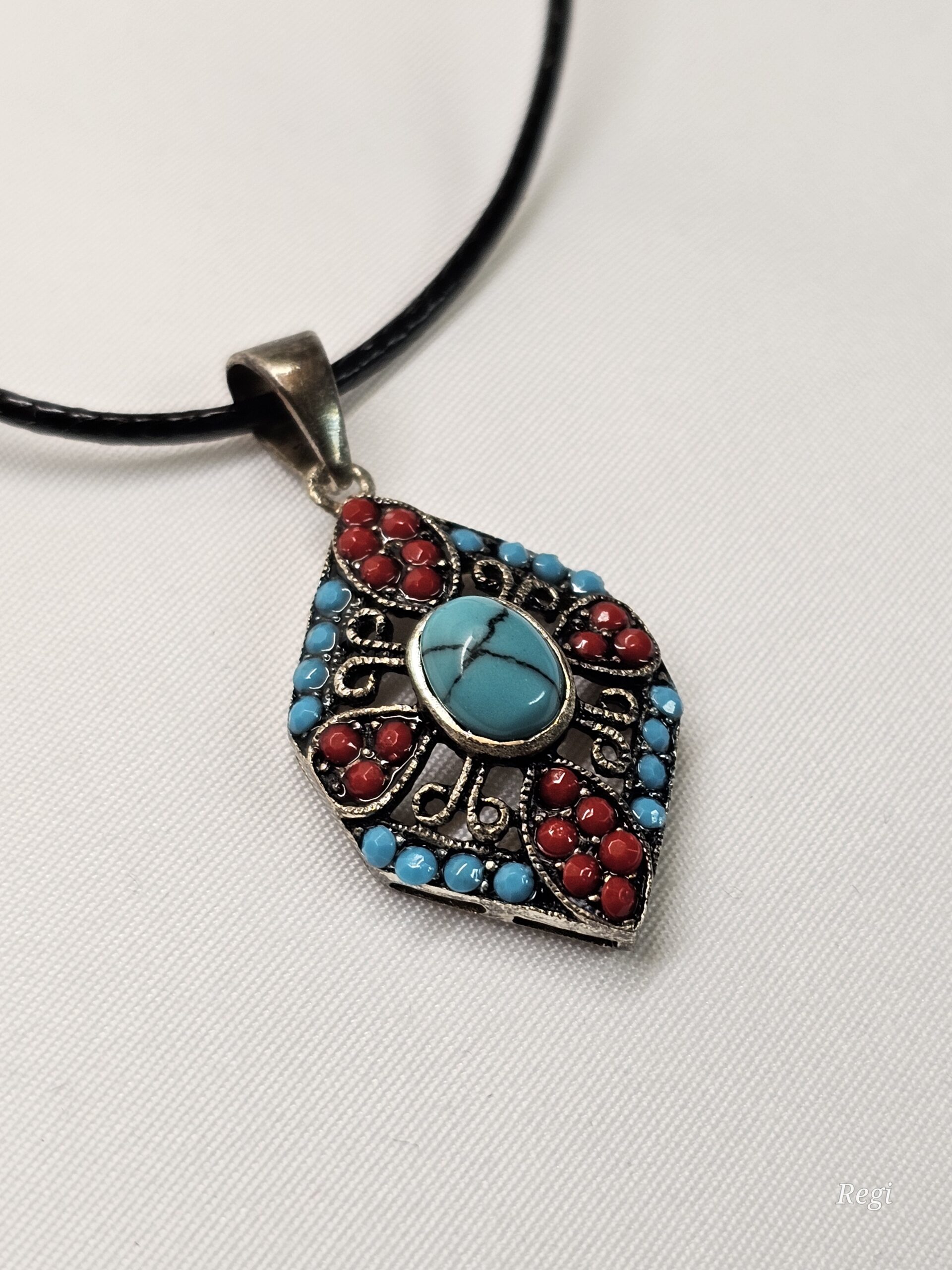 Nostalgischer Anhänger ohne Kette Indianerschmuck Silber 925 Türkis Koralle filigrane Silberschmiede Kunst selten rar SKA1383 – Bild 3