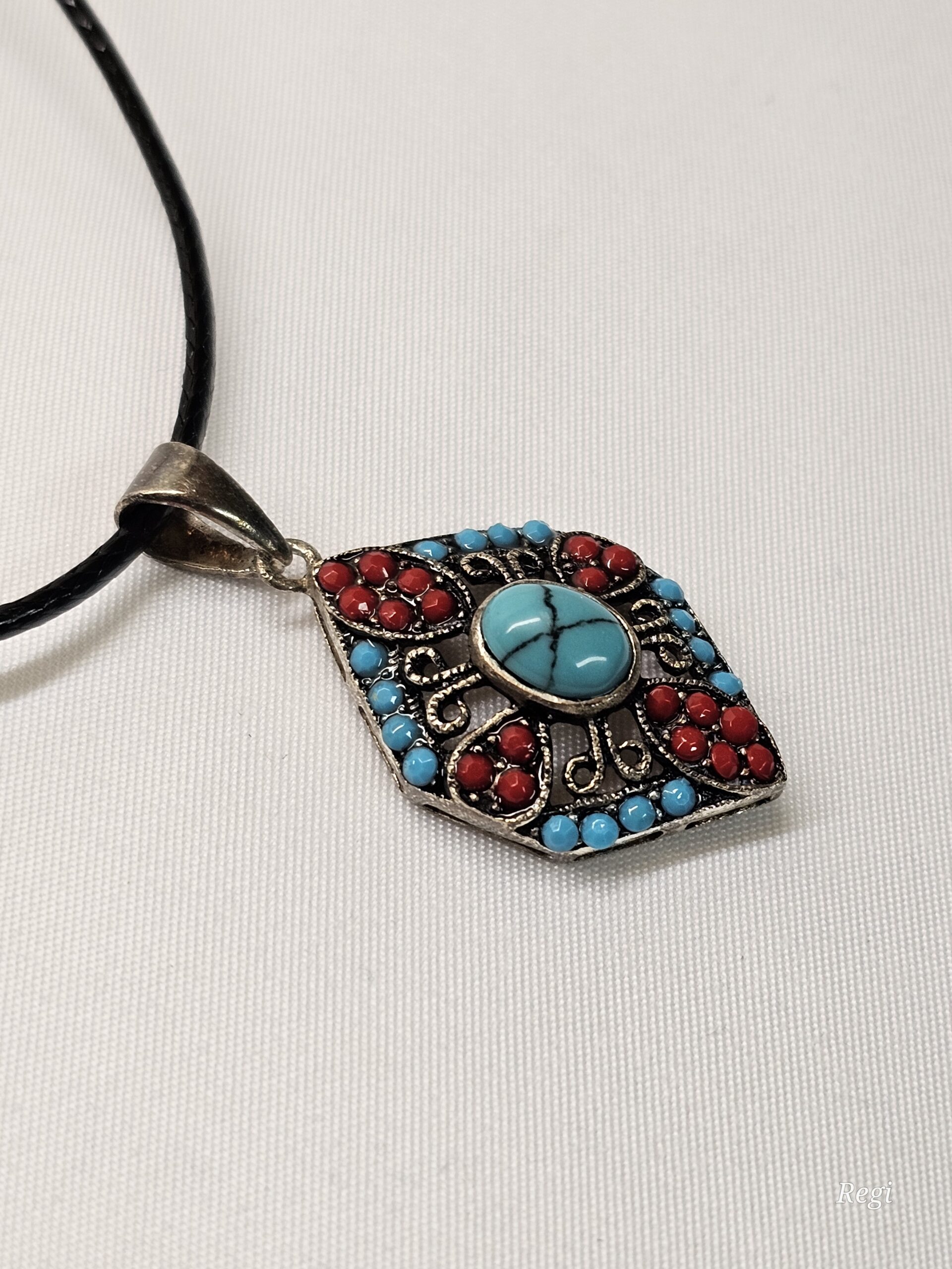 Nostalgischer Anhänger ohne Kette Indianerschmuck Silber 925 Türkis Koralle filigrane Silberschmiede Kunst selten rar SKA1383 – Bild 4