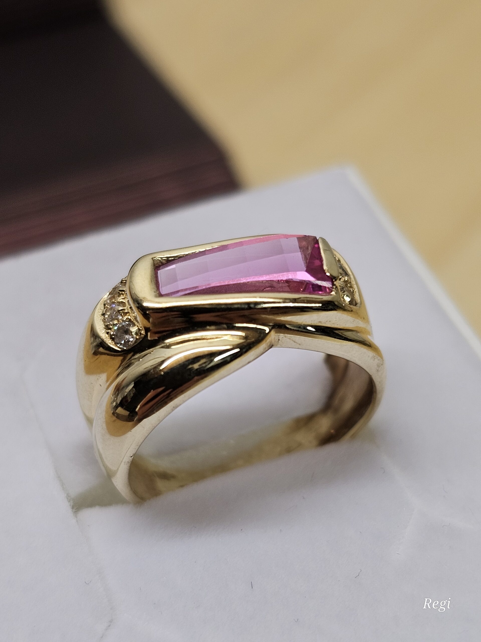18,3 mm Nostalgischer Goldring Ring Gold 585 Turmalin rosa & Kristalle klar Vintage elegant GR322 – Bild 5