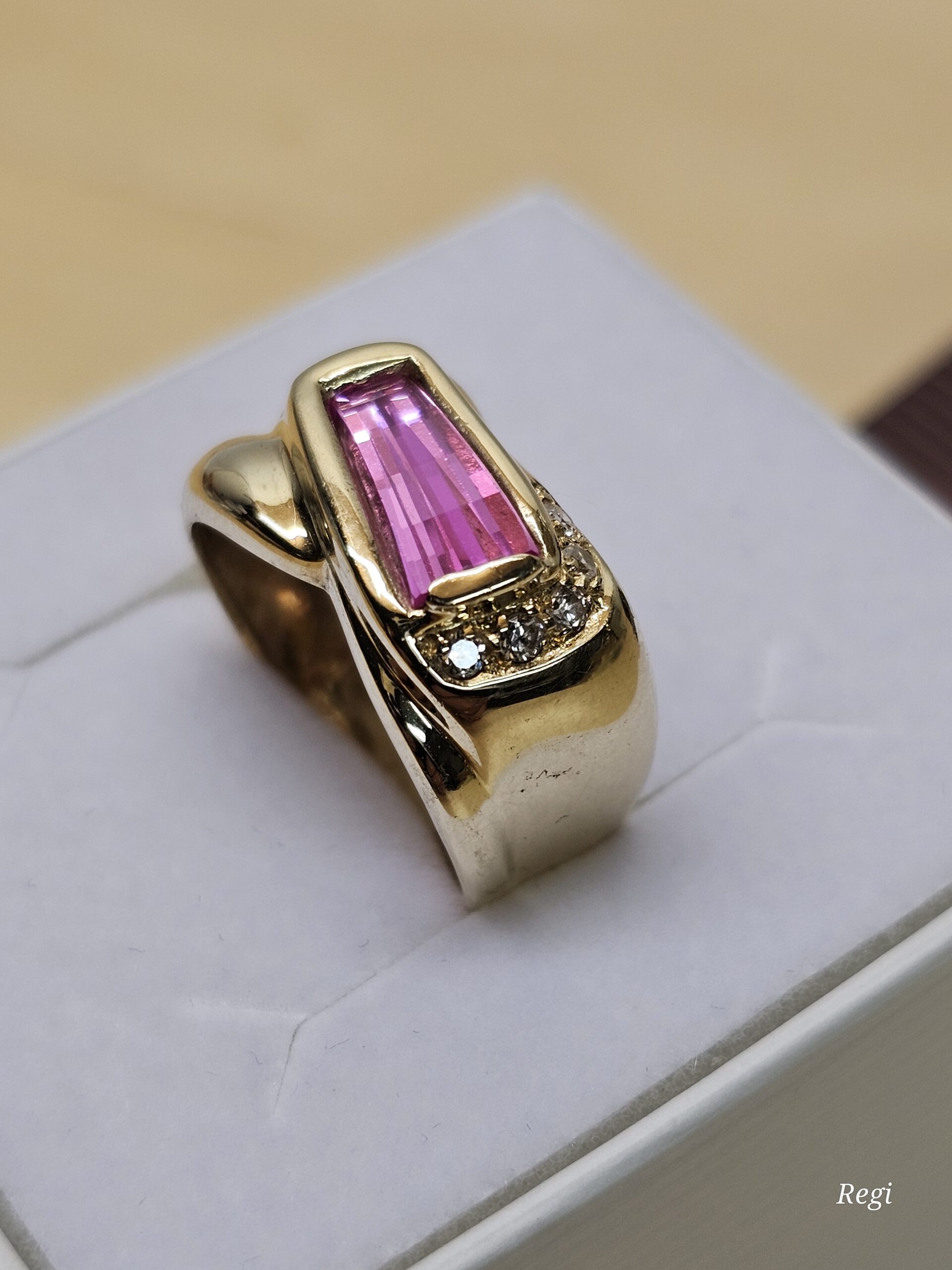 18,3 mm Nostalgischer Goldring Ring Gold 585 Turmalin rosa & Kristalle klar Vintage elegant GR322 – Bild 3