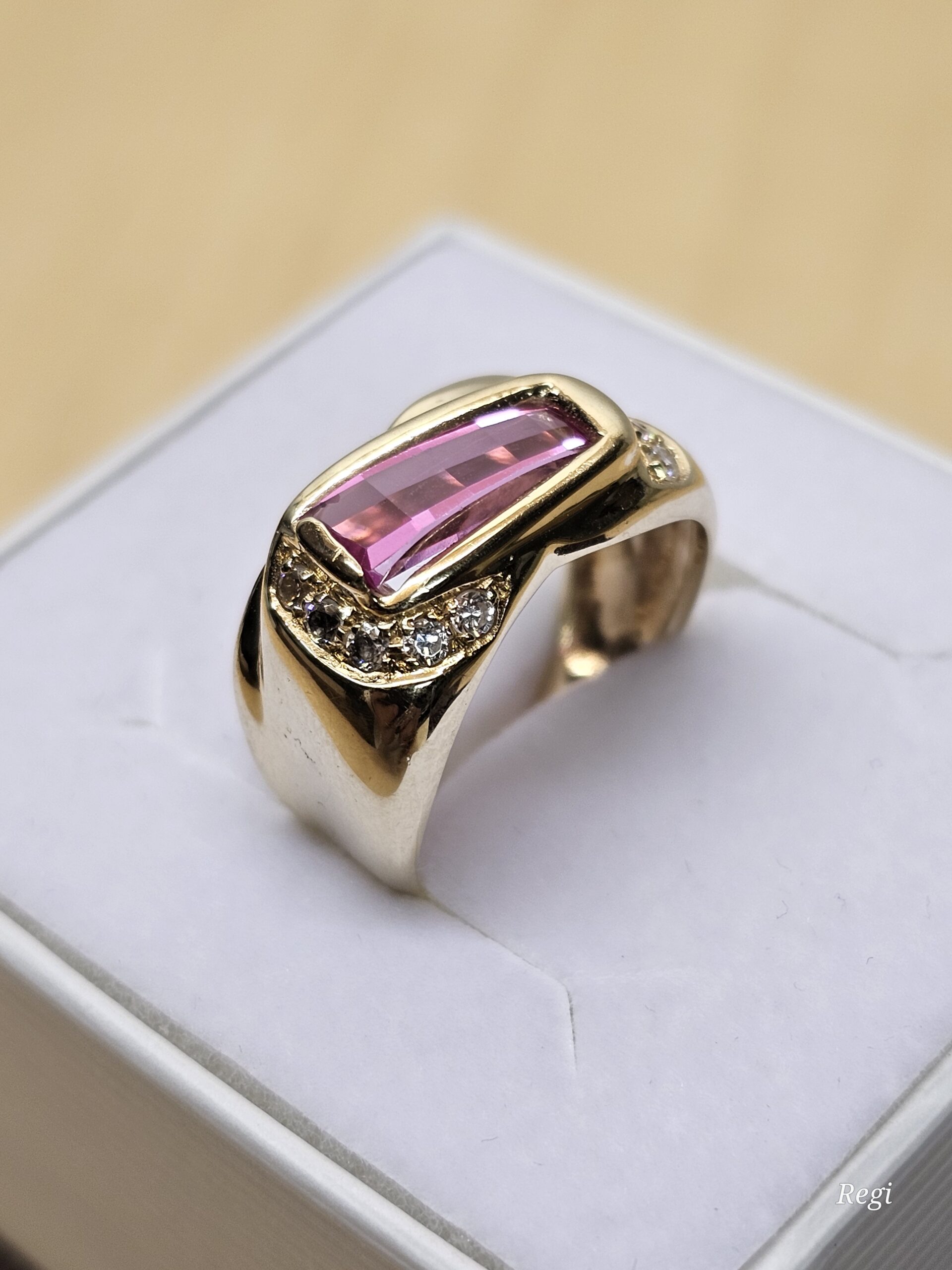 18,3 mm Nostalgischer Goldring Ring Gold 585 Turmalin rosa & Kristalle klar Vintage elegant GR322 – Bild 2