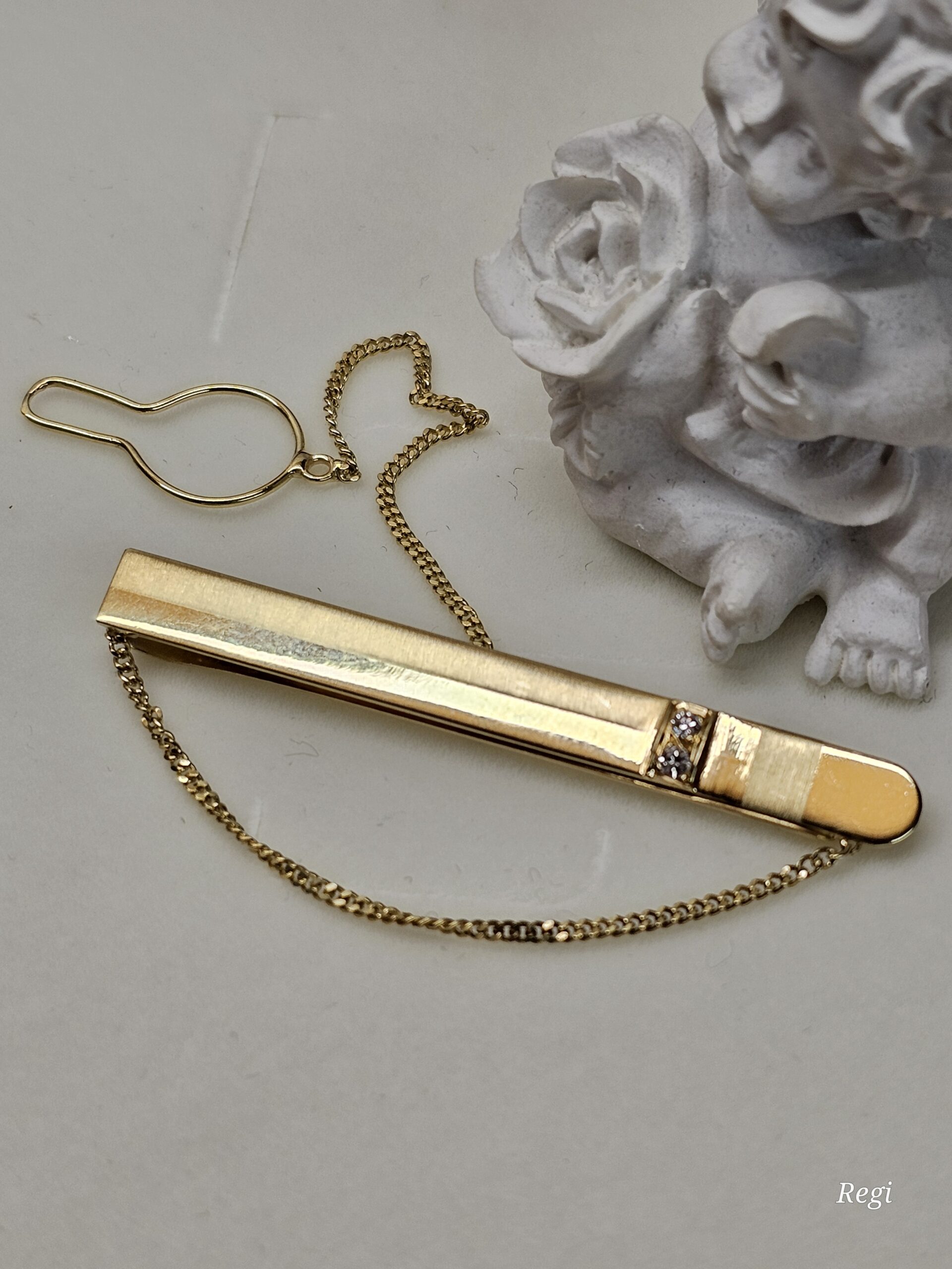 Krawattennadel Krawattenklammer Klemme 14 k Gold 585 Diamant Steinchen Knopflochkette Kette Kettchen Design Vintage elegant GB151 – Bild 3