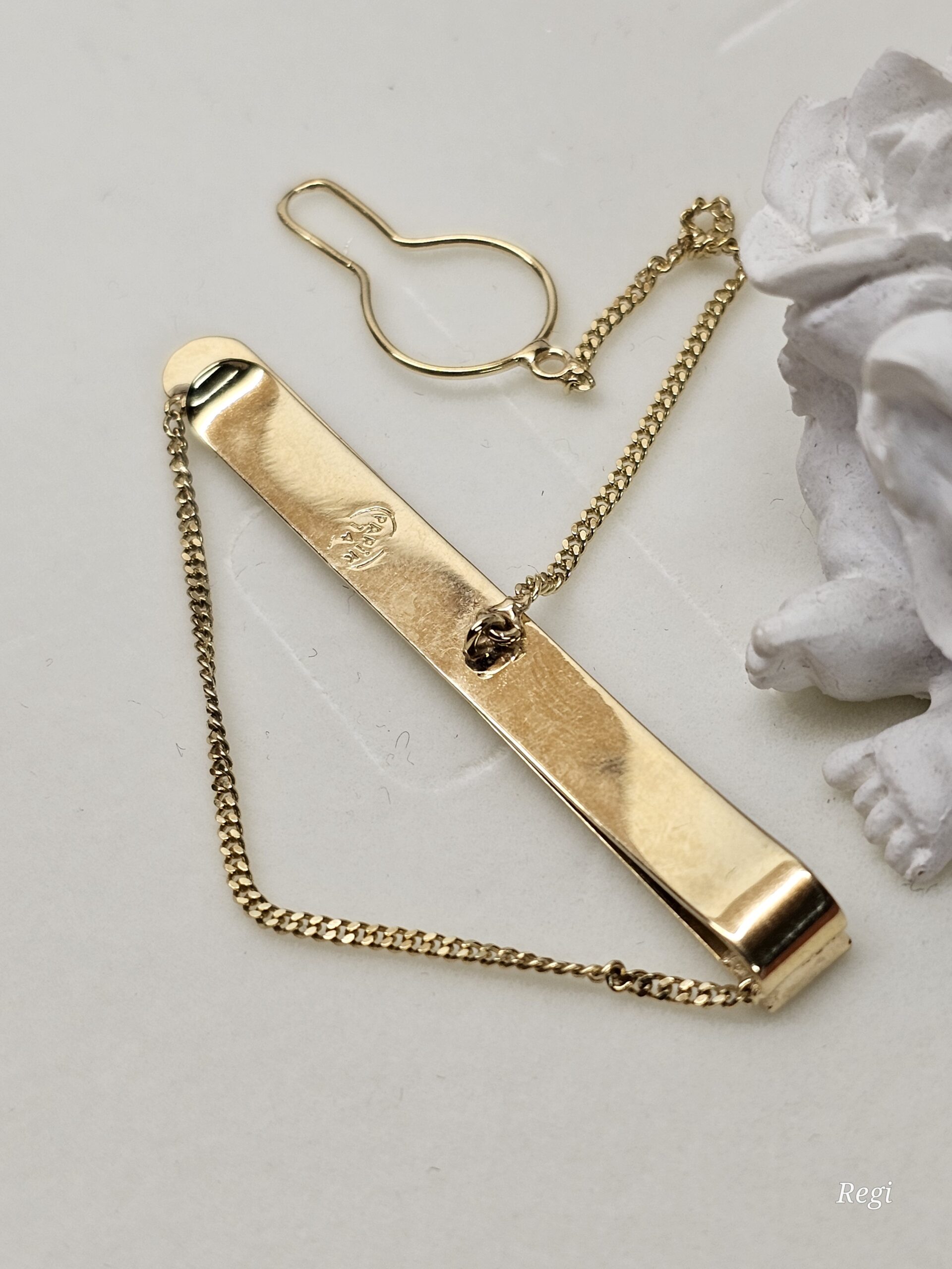 Krawattennadel Krawattenklammer Klemme 14 k Gold 585 Diamant Steinchen Knopflochkette Kette Kettchen Design Vintage elegant GB151 – Bild 4