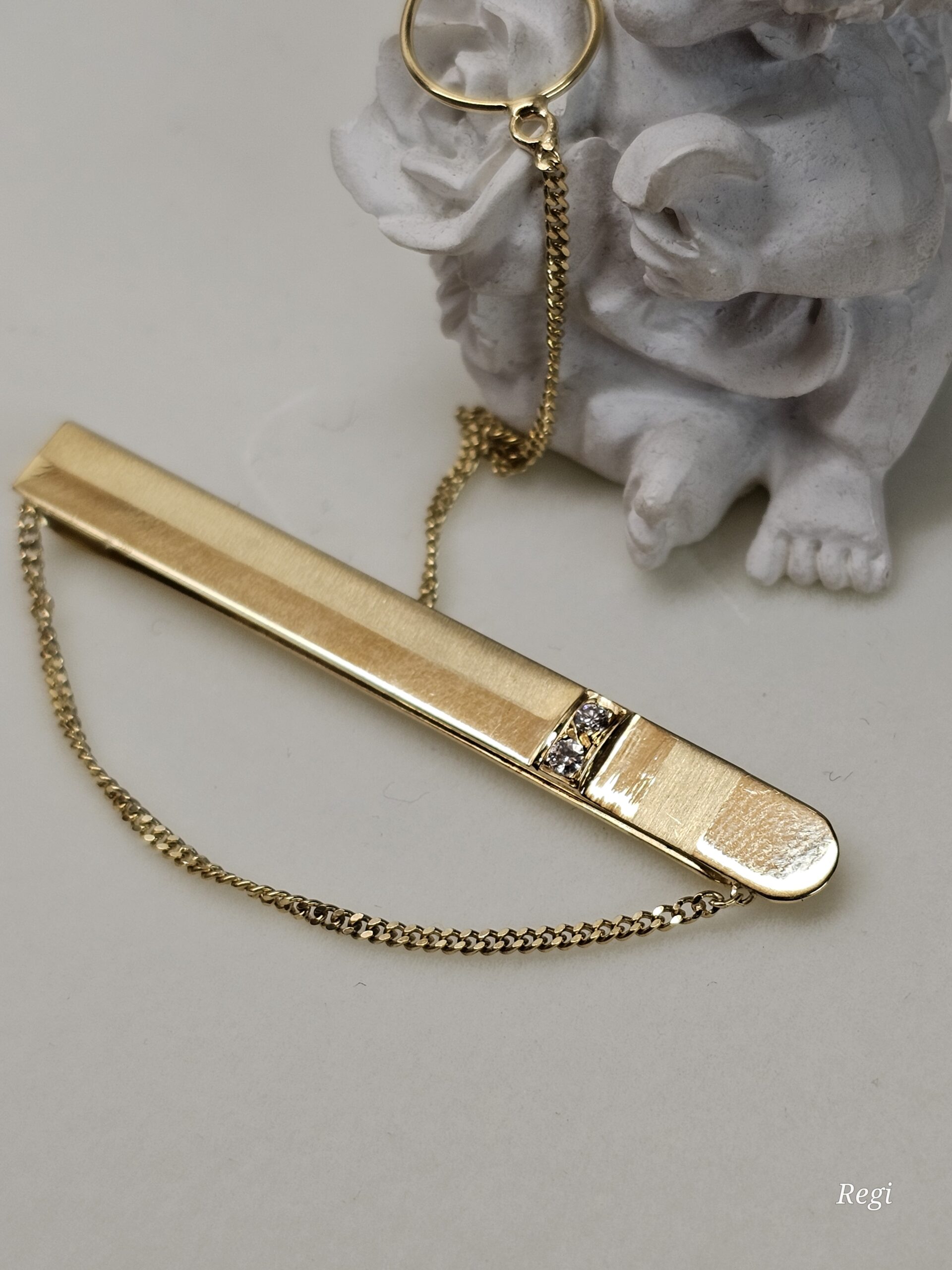 Krawattennadel Krawattenklammer Klemme 14 k Gold 585 Diamant Steinchen Knopflochkette Kette Kettchen Design Vintage elegant GB151 – Bild 5