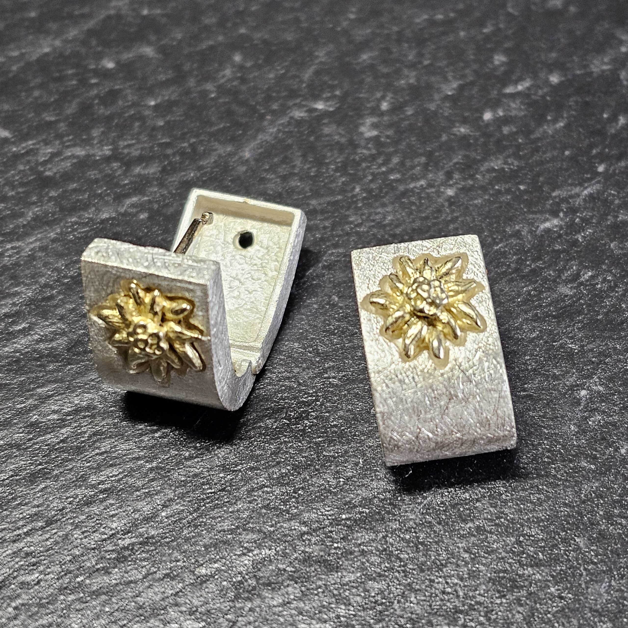 Ohrringe Klappcreolen Creolen Silber 925 gebürstet massiv teilvergoldet Edelweiß Tracht Trachtenschmuck Design Vintage elegant SO503 – Bild 4