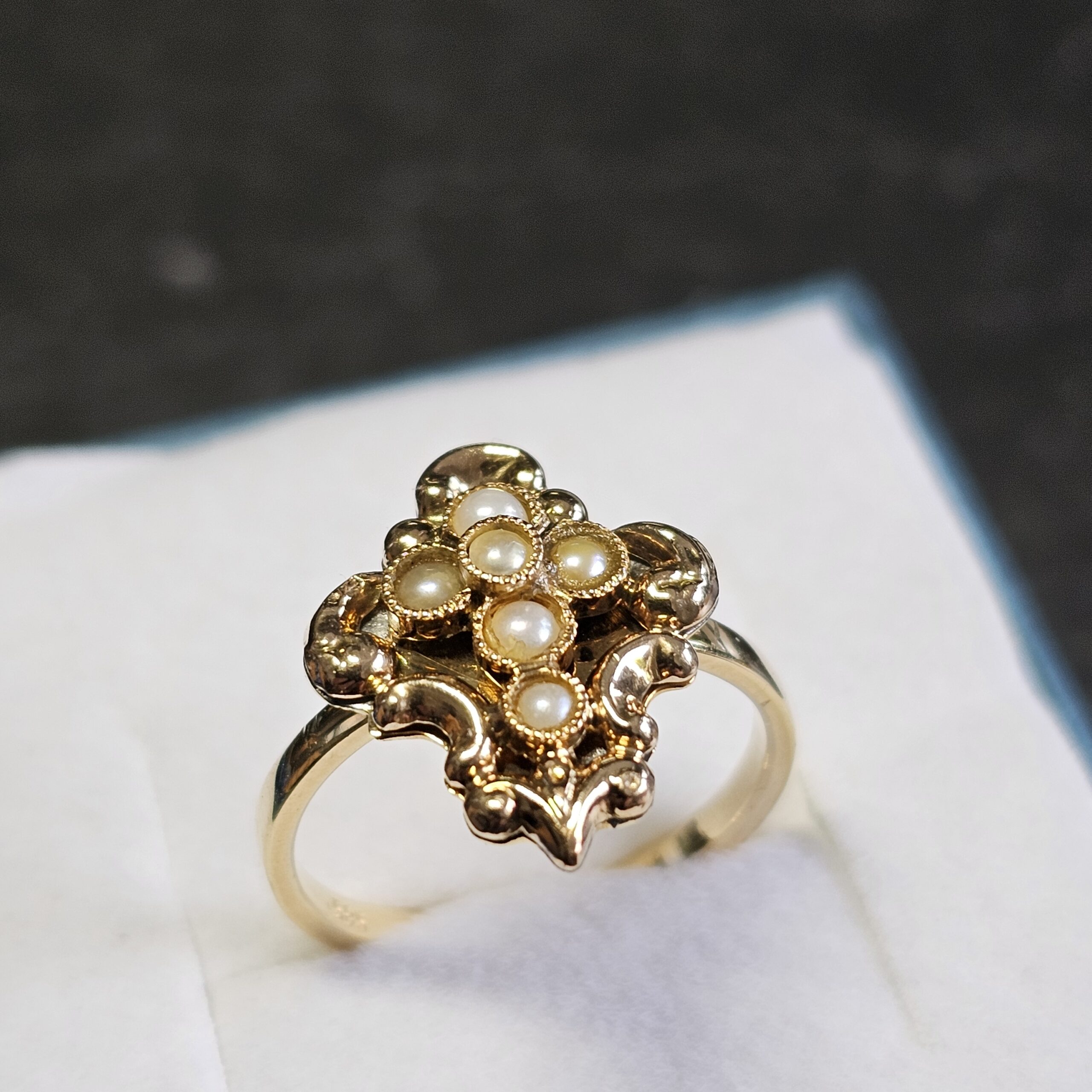 16,6 mm Art Deco Ring Goldring Gold 585 Saatperlen Kreuz Shabby nostalgisch Vintage kunstvoll selten rar GR418