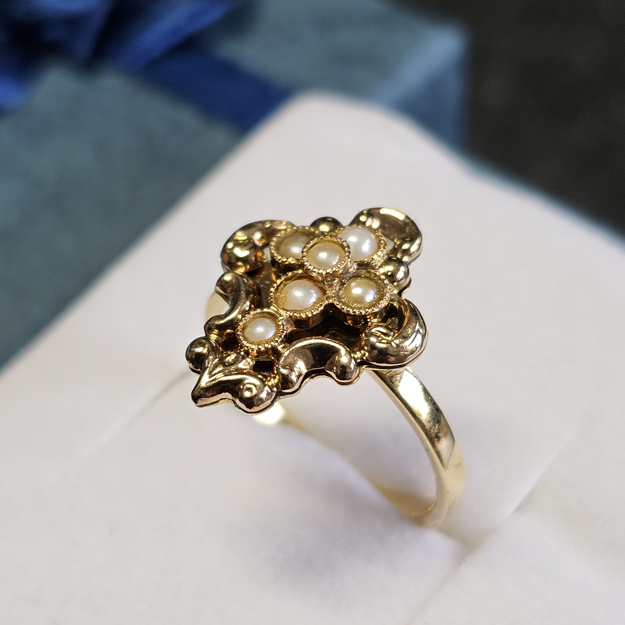 16,6 mm Art Deco Ring Goldring Gold 585 Saatperlen Kreuz Shabby nostalgisch Vintage kunstvoll selten rar GR418 – Bild 2