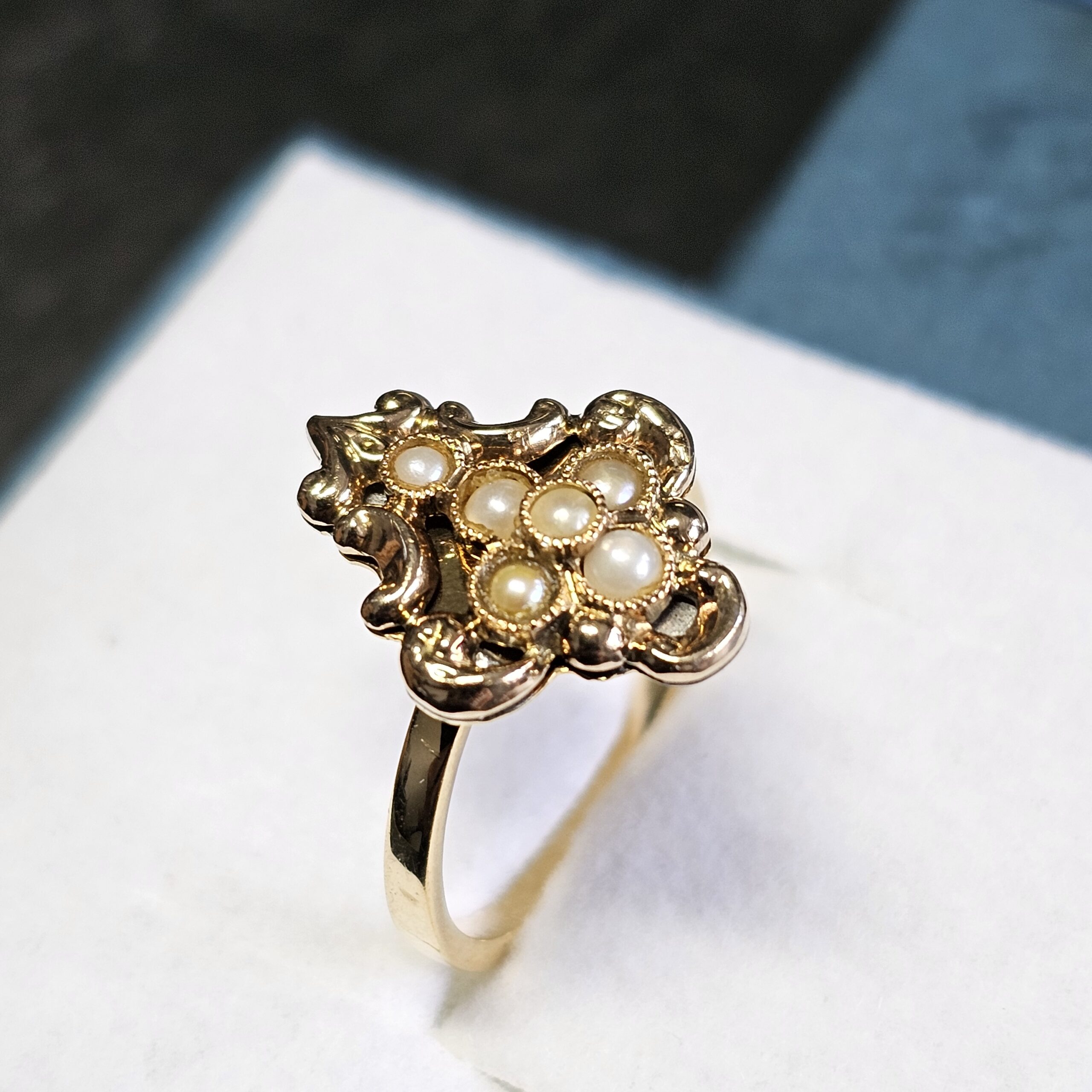 16,6 mm Art Deco Ring Goldring Gold 585 Saatperlen Kreuz Shabby nostalgisch Vintage kunstvoll selten rar GR418 – Bild 3