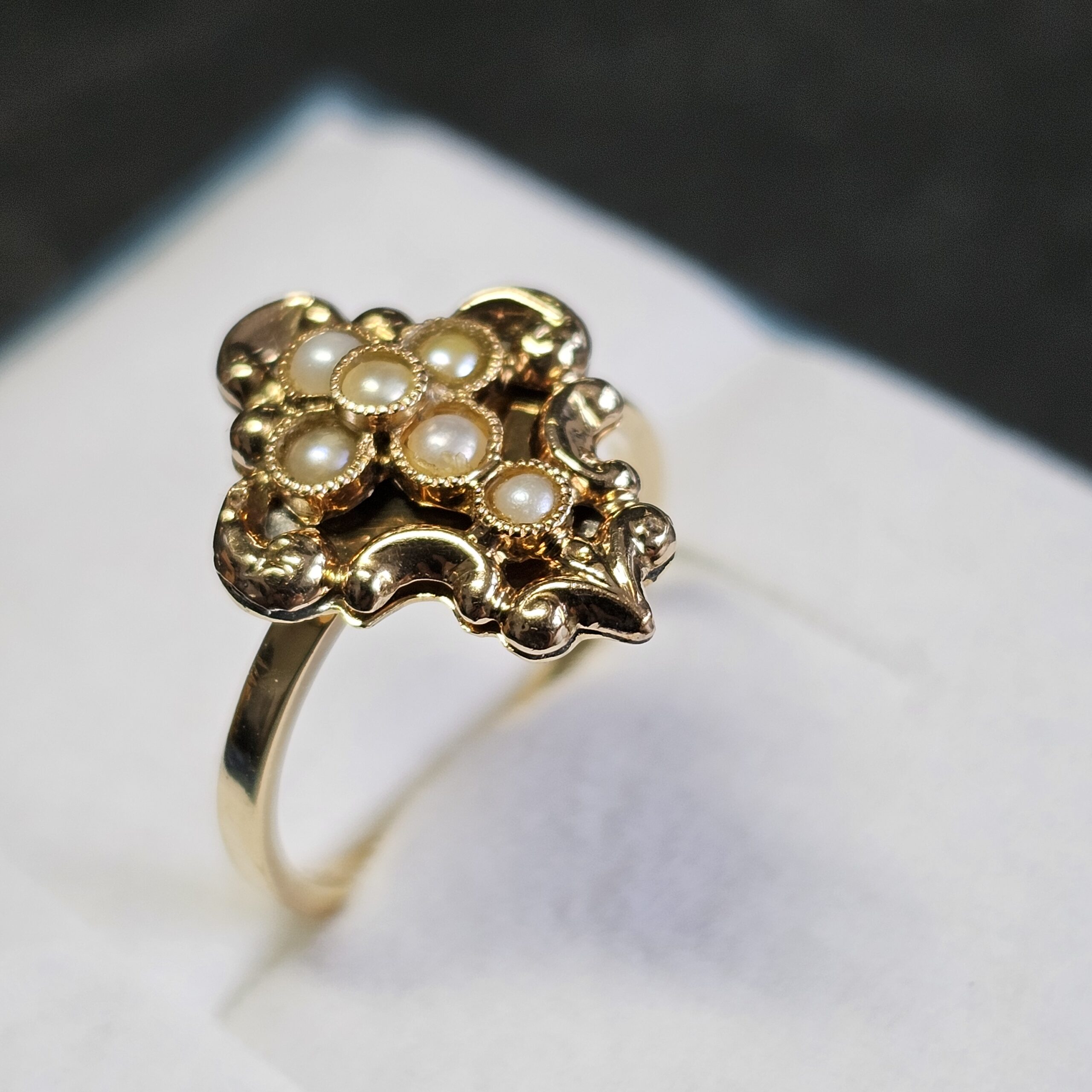 16,6 mm Art Deco Ring Goldring Gold 585 Saatperlen Kreuz Shabby nostalgisch Vintage kunstvoll selten rar GR418 – Bild 4