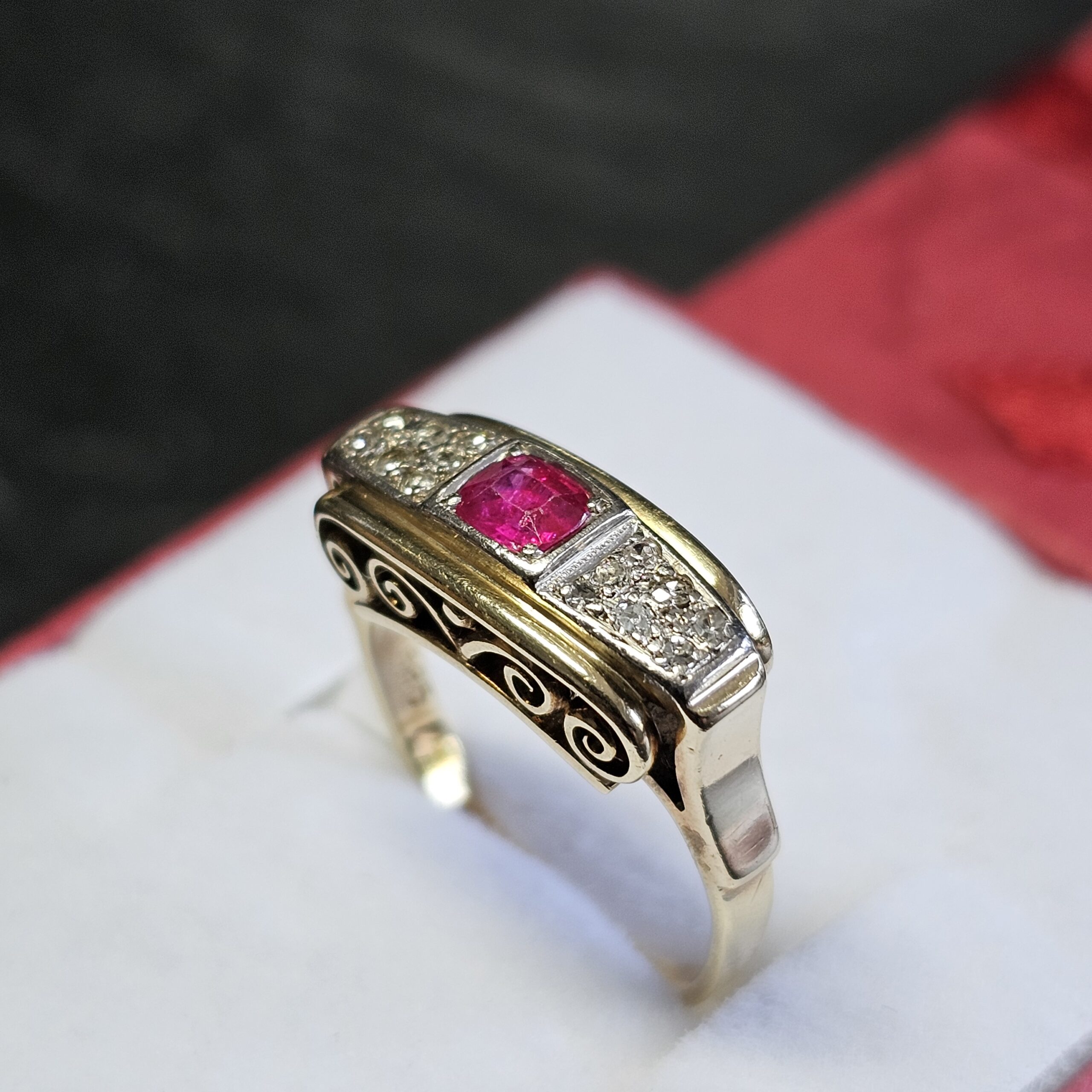 17,6 mm Art Deco Ring Goldring Gold 585 teilplatiniert mit Rubin & Diamantsteinchen Shabby Vintage elegant GR431 – Bild 2