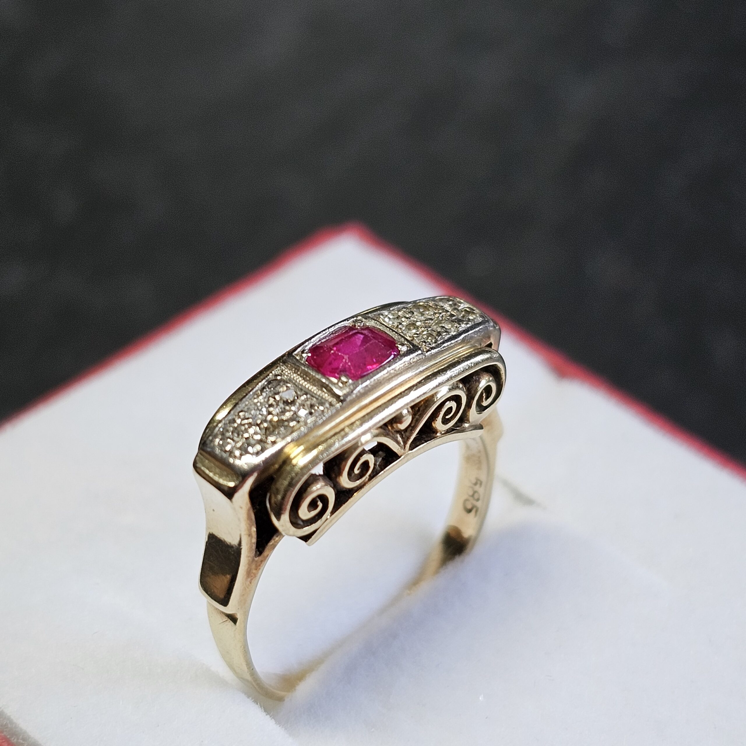 17,6 mm Art Deco Ring Goldring Gold 585 teilplatiniert mit Rubin & Diamantsteinchen Shabby Vintage elegant GR431 – Bild 3