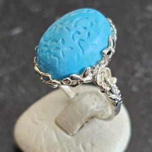 18,2 mm Ring Design nostalgisch Silber 925 hellblauer Stein Schnitzerei floral Emaille Vintage elegant SR1095