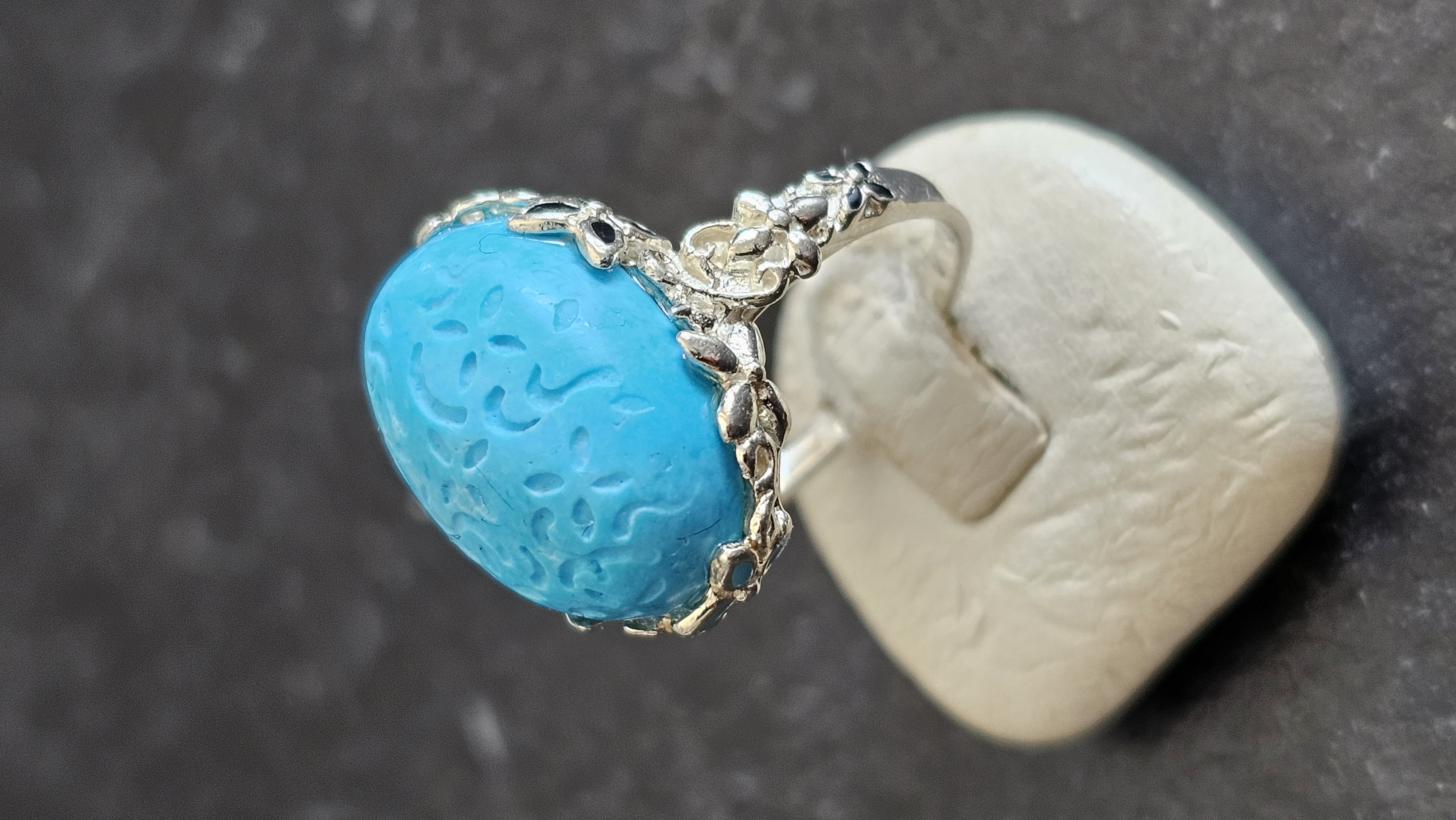 18,2 mm Ring Design nostalgisch Silber 925 hellblauer Stein Schnitzerei floral Emaille Vintage elegant SR1095