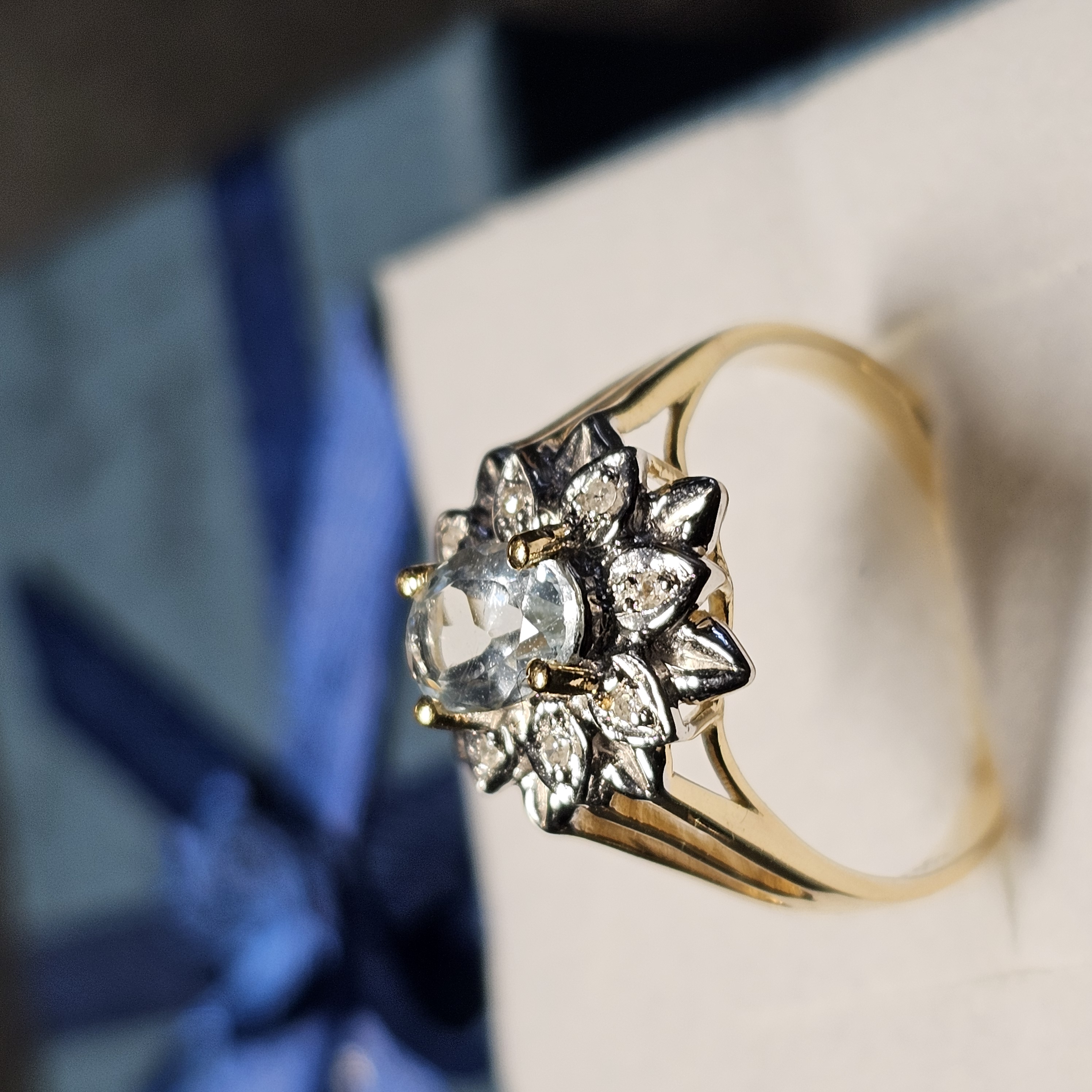 18,4 mm Nostalgischer Goldring Ring Gold 585 teilplatiniert Aquamarin Spinell & Diamant Steinchen Shabby Vintage elegant GR231