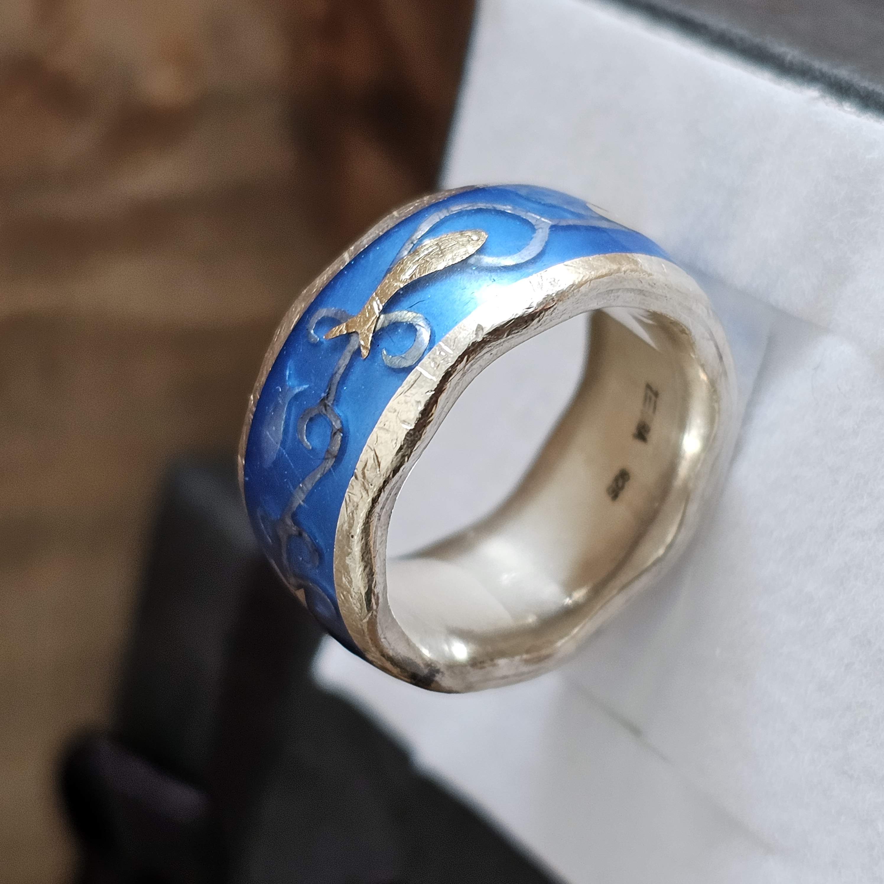 17,2 mm Toller Ring Silber 925 teilvergoldet Emaille blau Design wellenförmig Vintage selten rar SR1170