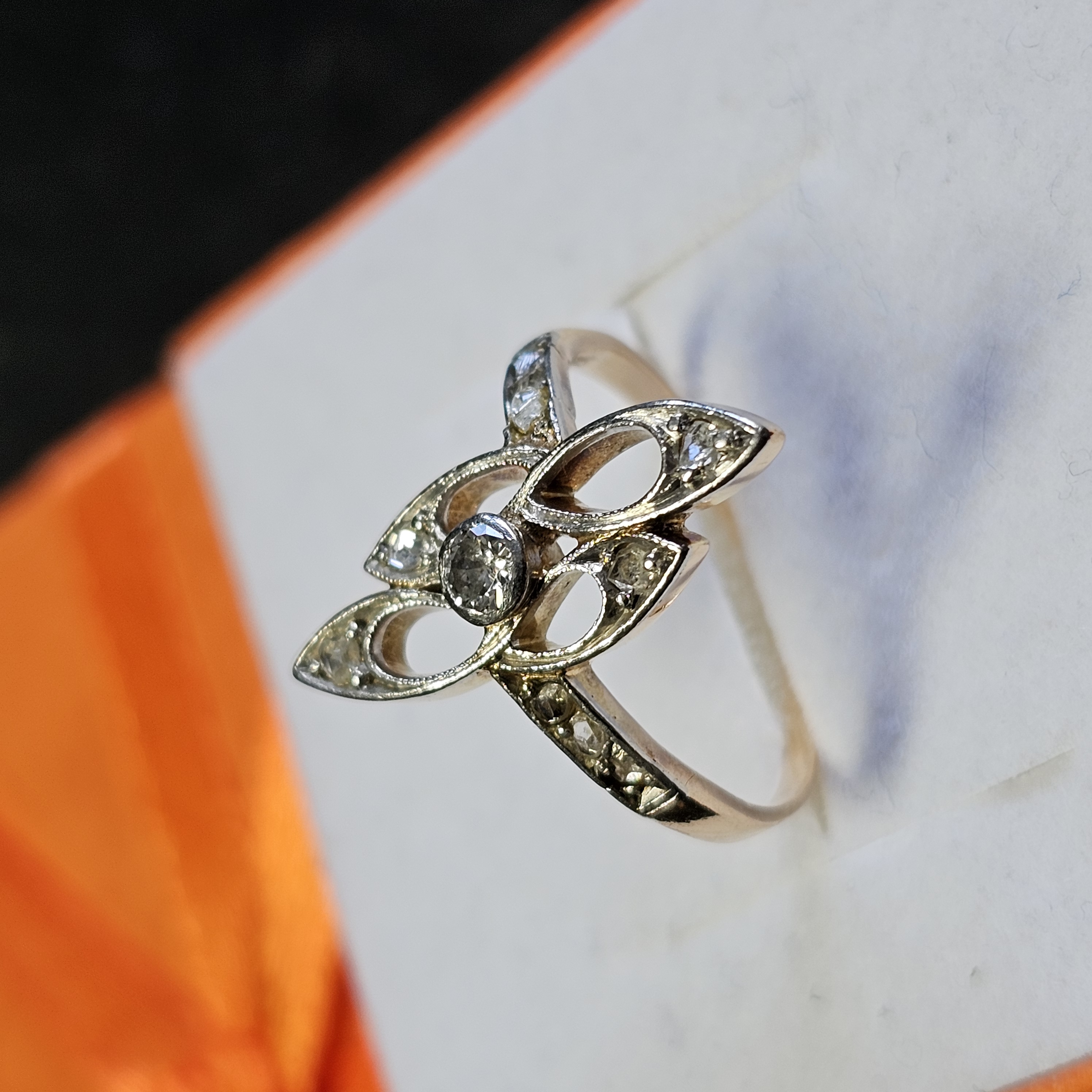 17,4 mm Art Deco Ring Goldring antik Schiffchen Gold 585 teilplatiniert Diamantsteinchen Shabby Vintage elegant GR429