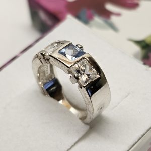 17,5 mm Silberring Ring Silber 925 Kristalle blau & klar Design Vintage elegant selten rar SR1556
