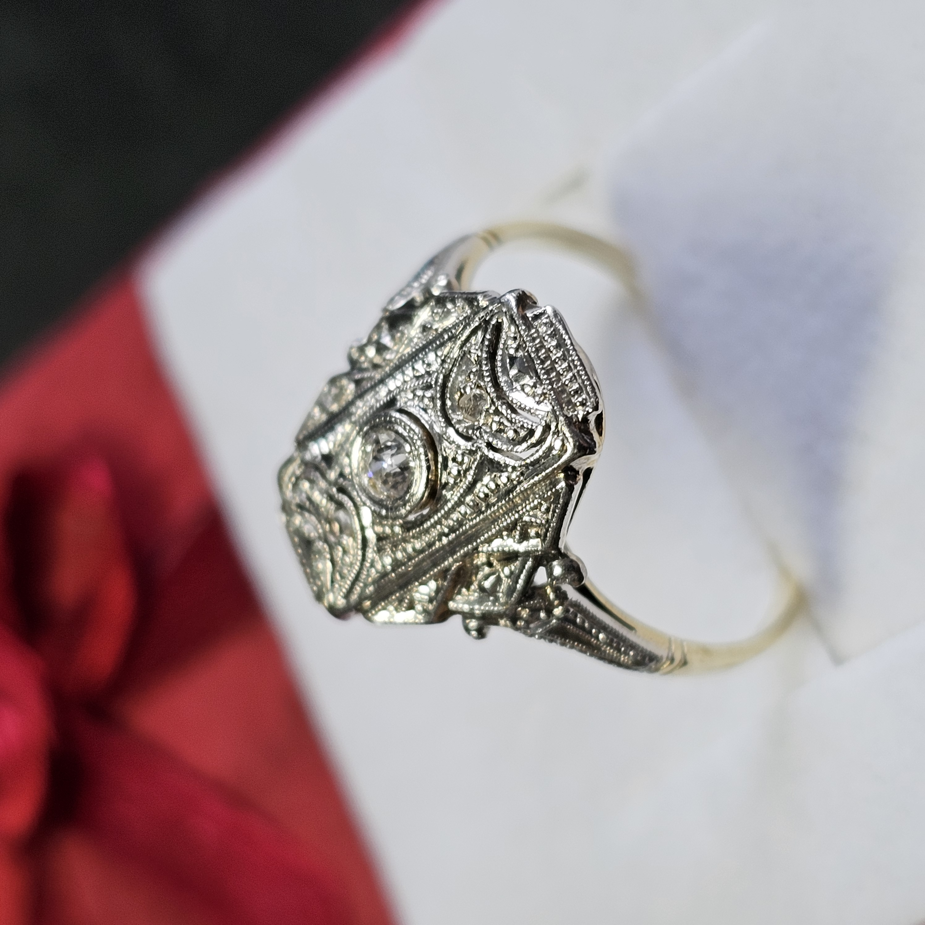 17,4 mm Art Deco Ring Gold 585 teilplatiniert Diamant Altschliff Shabby Vintage Eleganz GR419