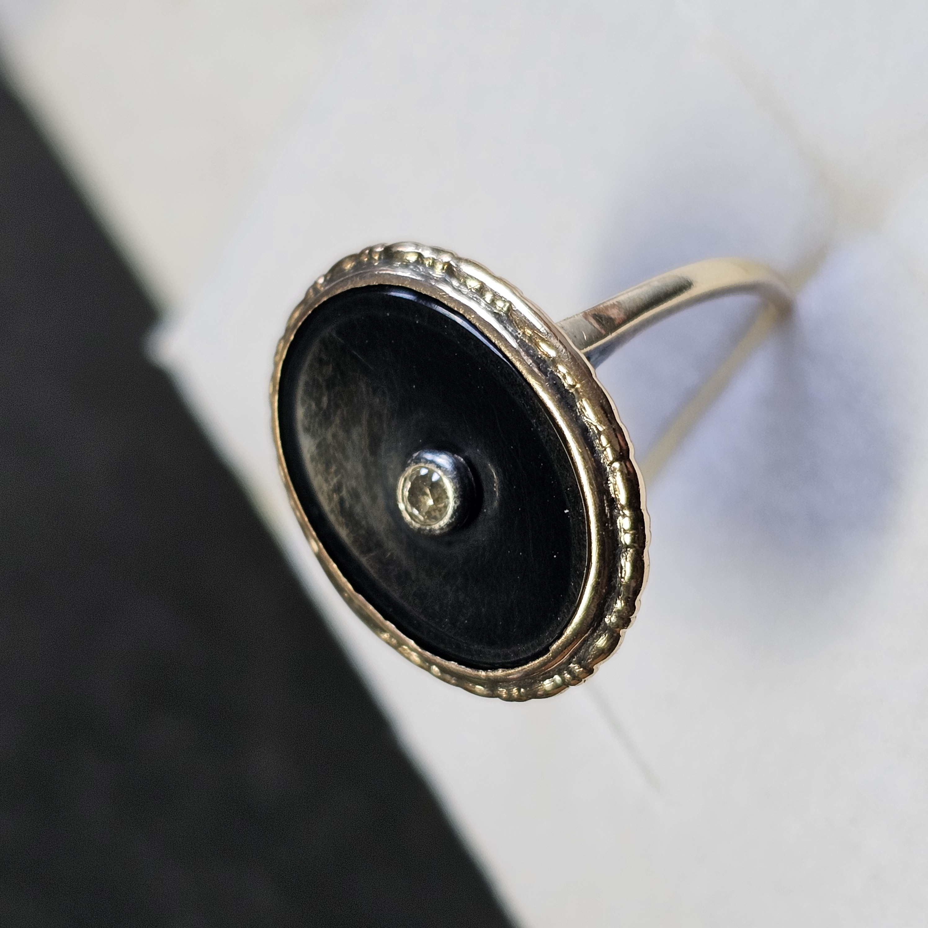 16,6 mm Ring Goldring Jugendstil Gold Onyx Einlage schwarz Diamantrose Shabby Vintage elegant GR423