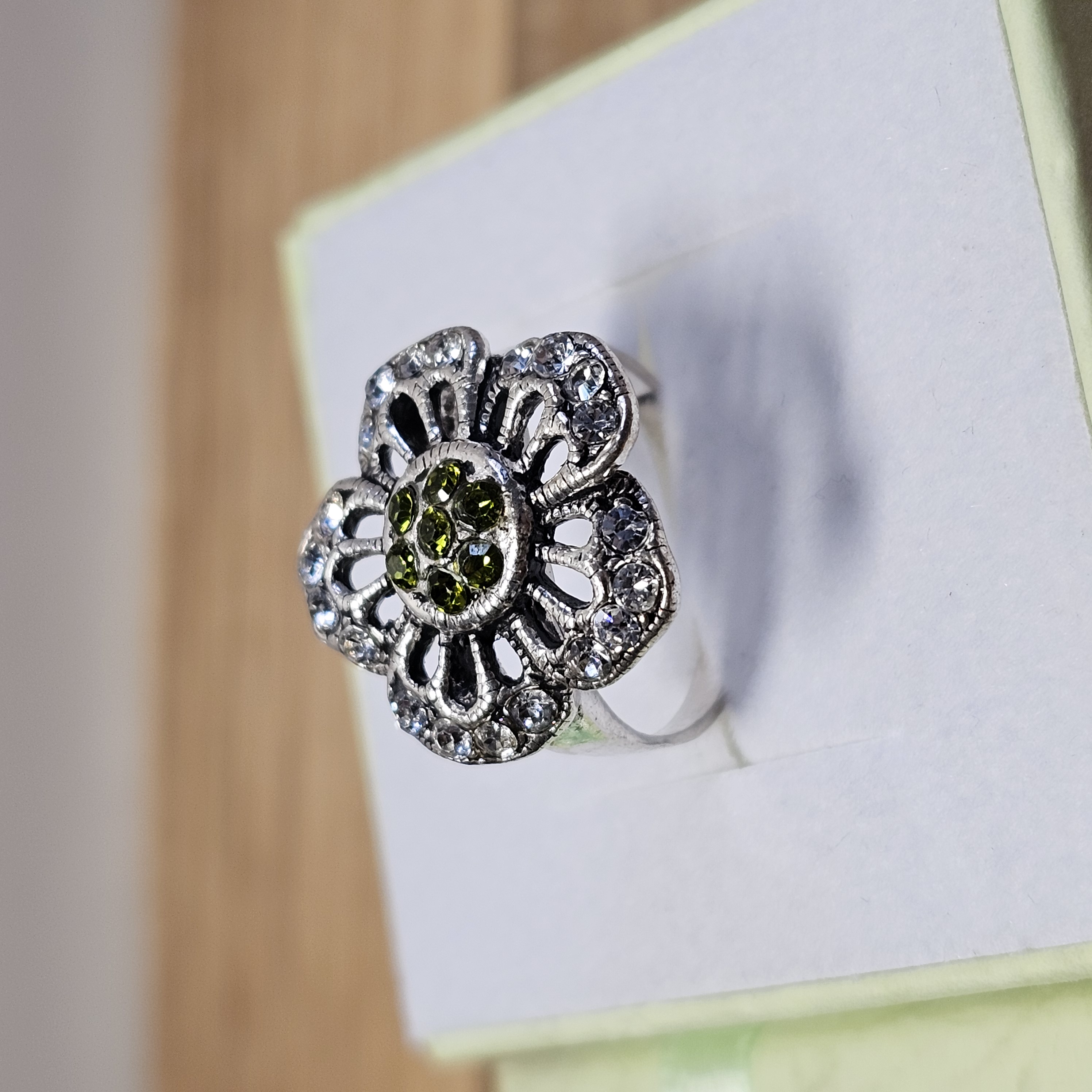 17,2 mm Ring Silber 925 Kristalle hellgrün & klar Blume Blüte Design Vintage elegant SR1311