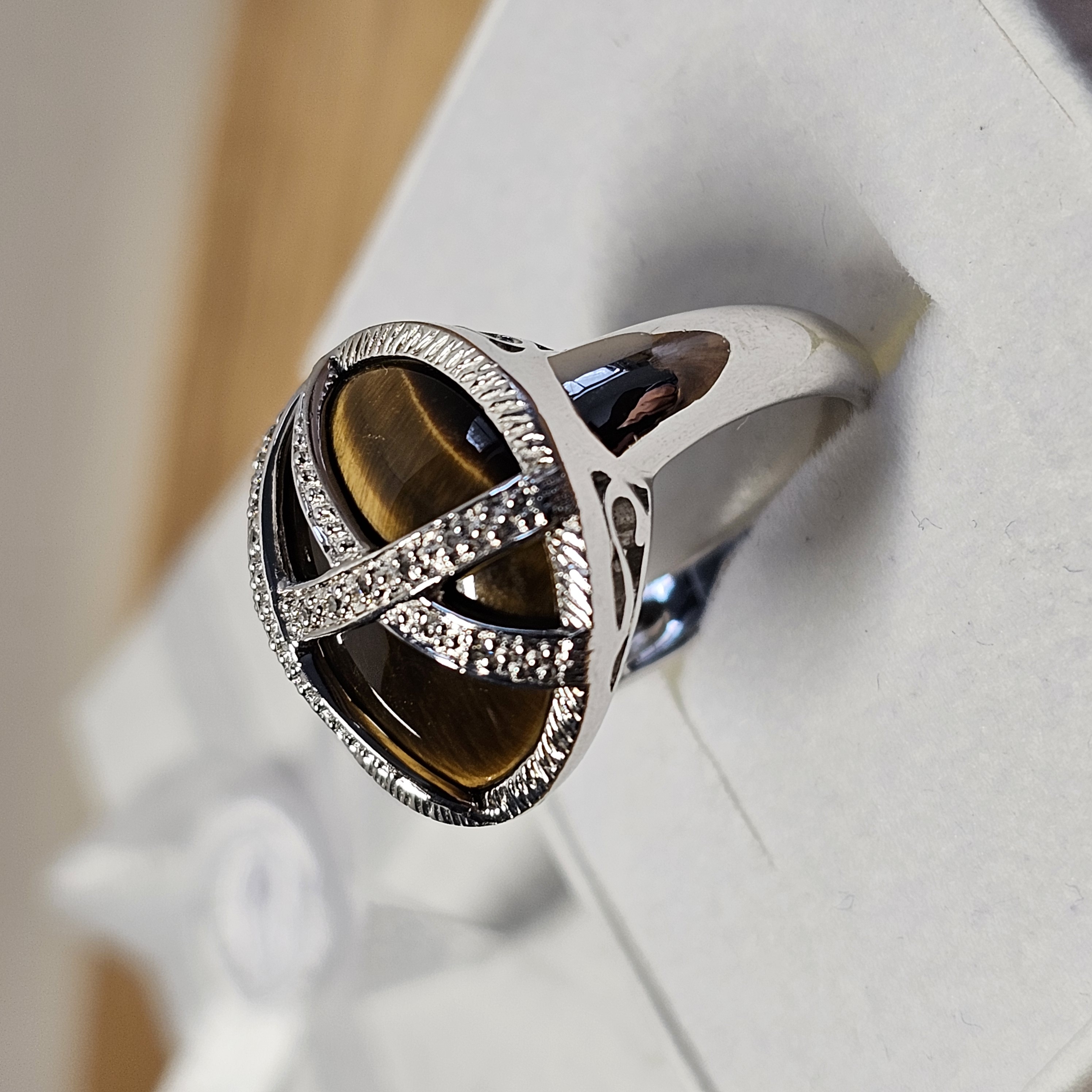 18 mm Edler Ring Silberring Silber 925 mit Tigerauge & kleinsten Diamantsteinchen Design Vintage selten rar SR1312