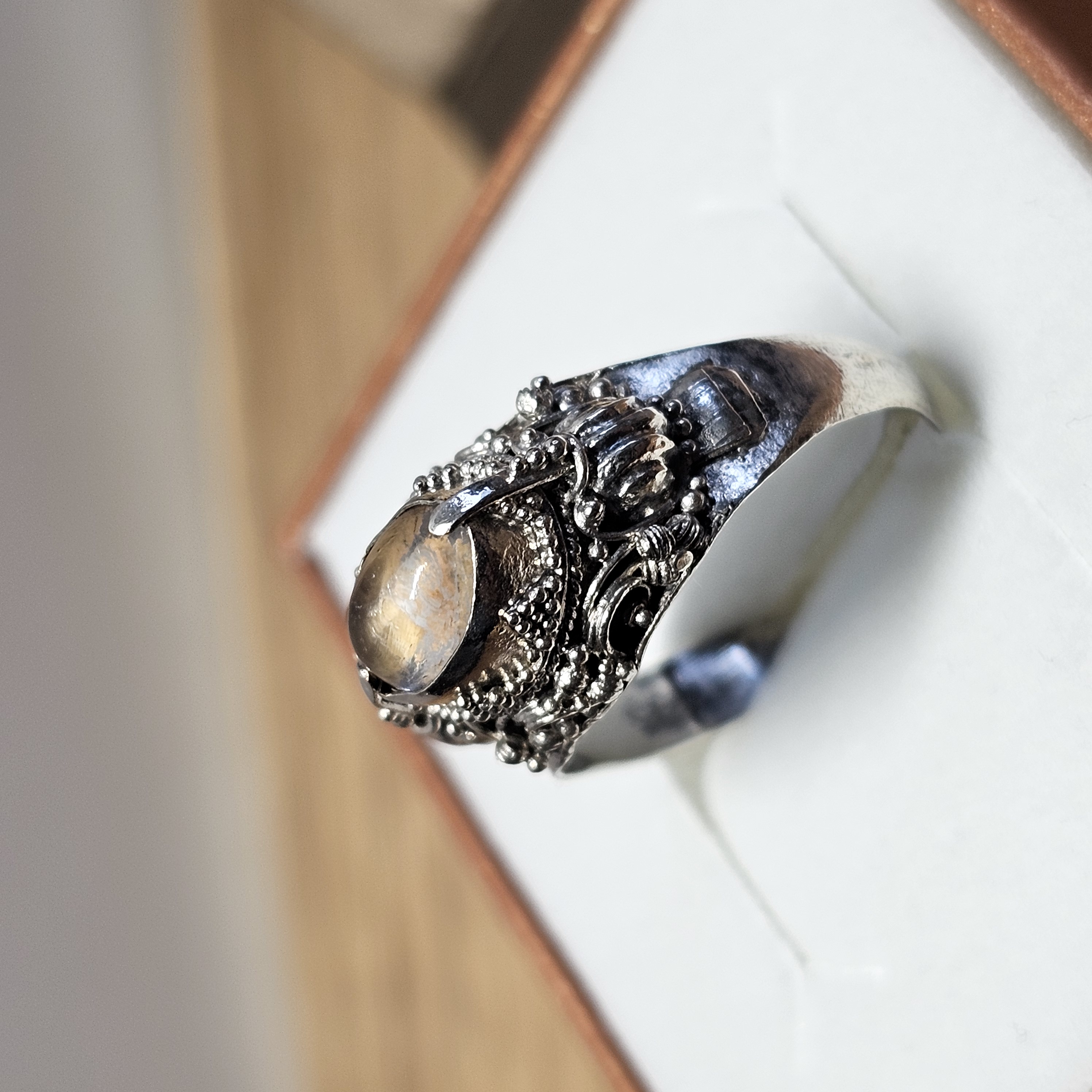 19,5 mm Nostalgischer Silberring Ring Silber 925 Farbstein cremeweiß milchig Vintage Design elegant selten rar SR1314