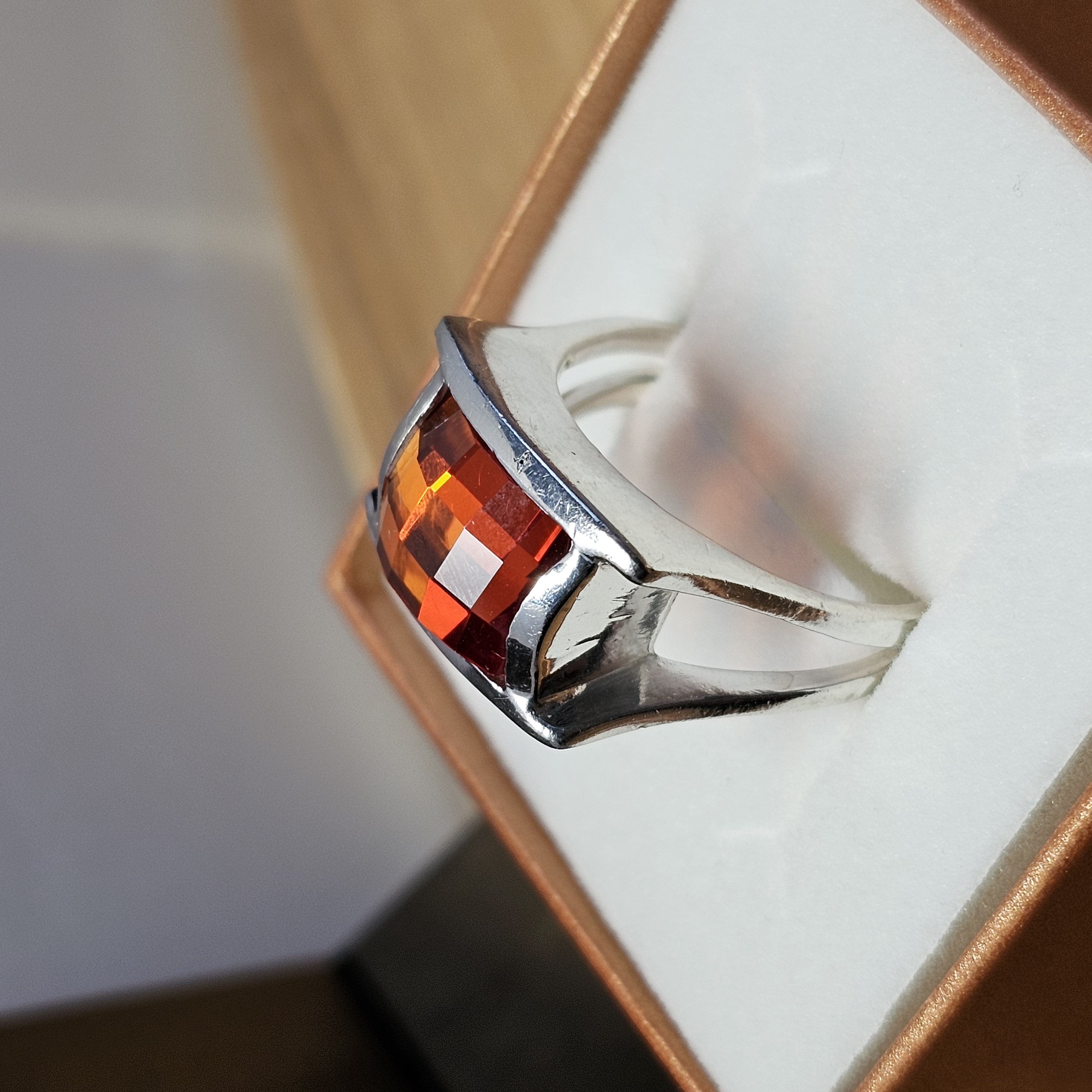20,3 mm Extravaganter Ring Silberring Silber 925 Kristall dunkles Orange Design Vintage elegant selten rar SR1360