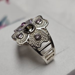 19 mm Silberring Ring Silber 925 Kristalle hellgrün & rosa Blume Blüte Design Vintage elegant SR1332