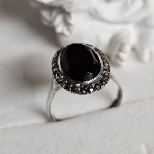 16,8 mm Nostalgischer Ring Silber 835 Achat braun & Markasiten Vintage elegant SR1560