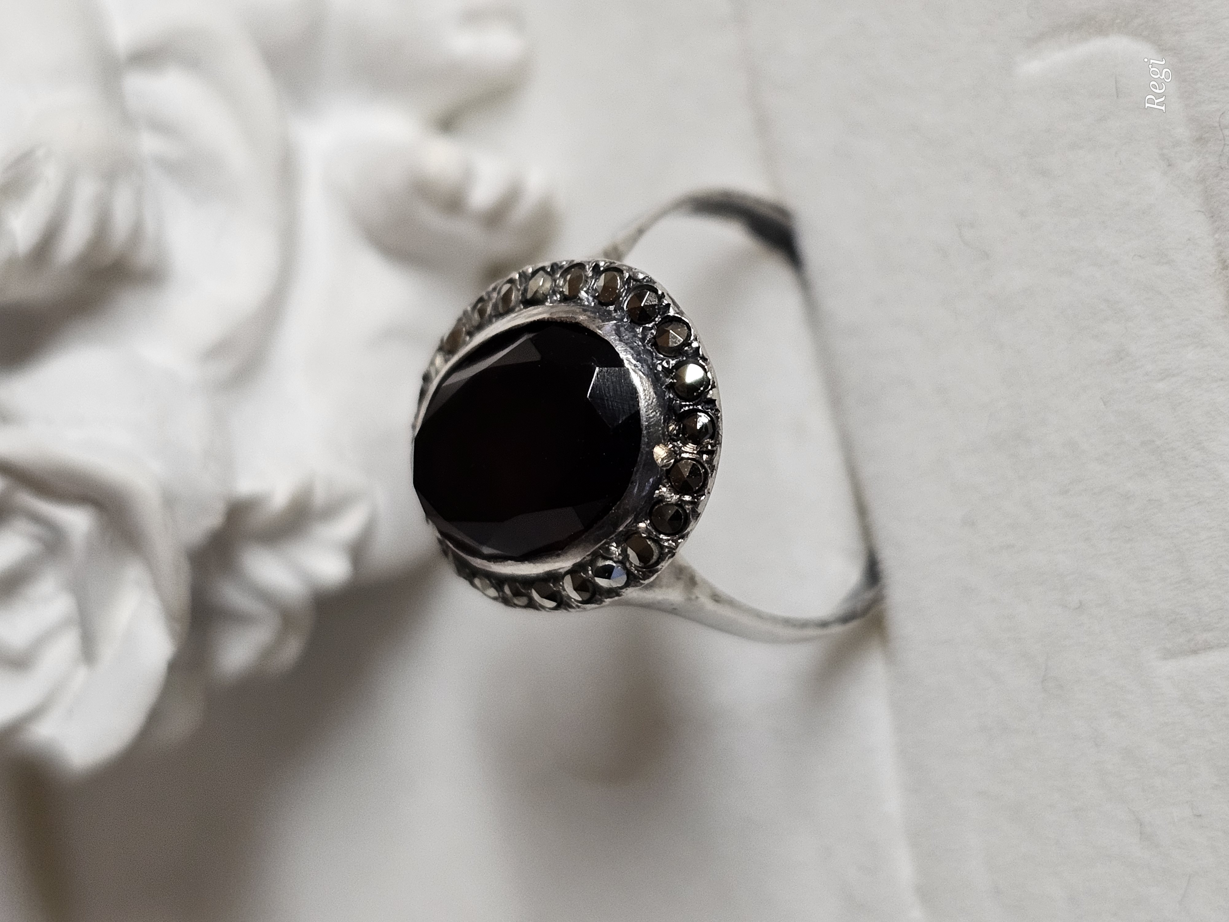 16,8 mm Nostalgischer Ring Silber 835 Achat braun & Markasiten Vintage elegant SR1560