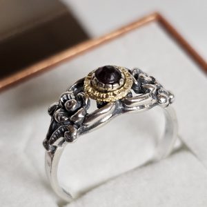 18,5 mm Nostalgischer Silberring Ring Silber 835 teilvergoldet Turmalin himbeerfarben Shabby Vintage kunstvoll selten rar SR1576