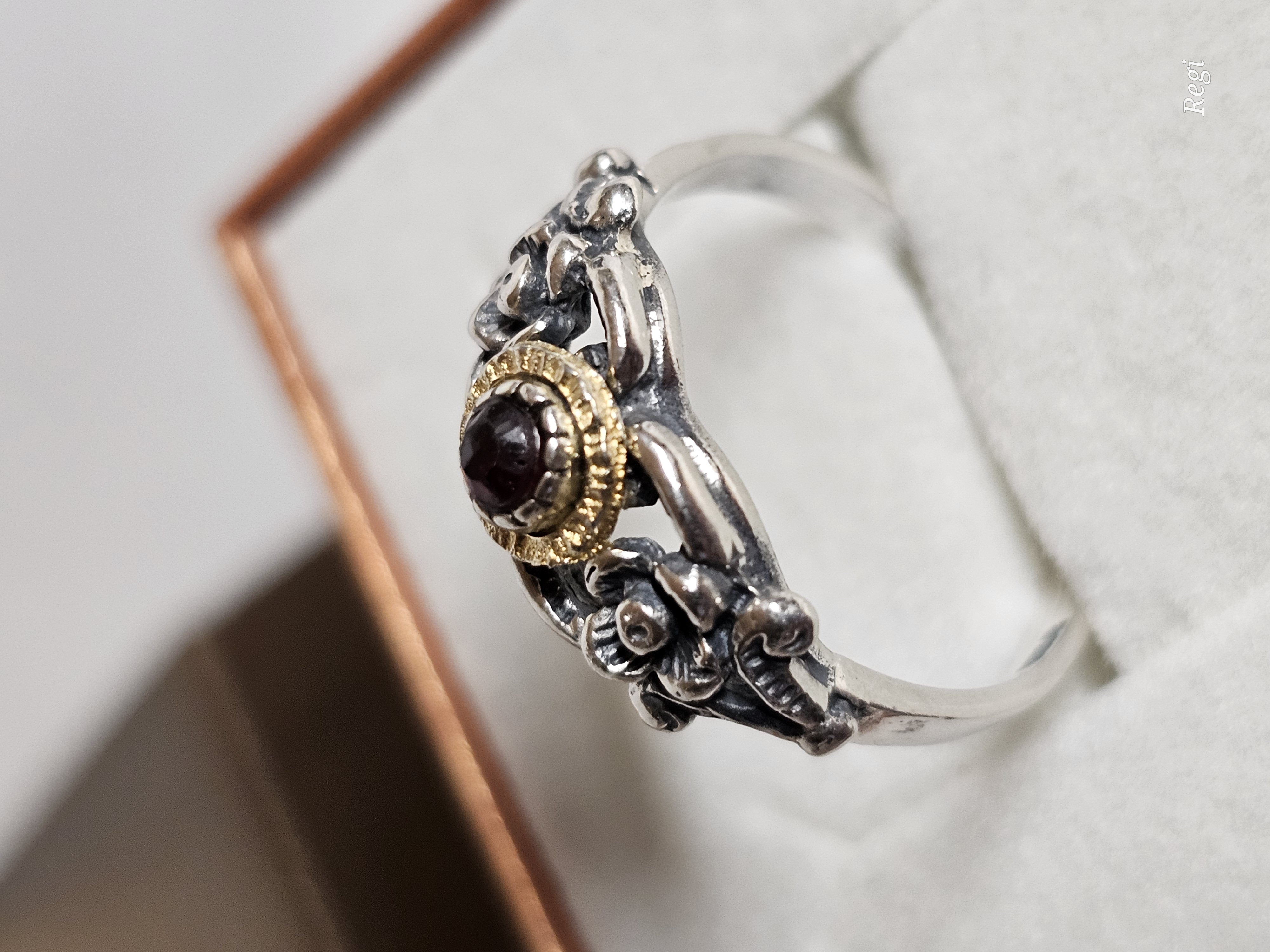 18,5 mm Nostalgischer Silberring Ring Silber 835 teilvergoldet Turmalin himbeerfarben Shabby Vintage kunstvoll selten rar SR1576