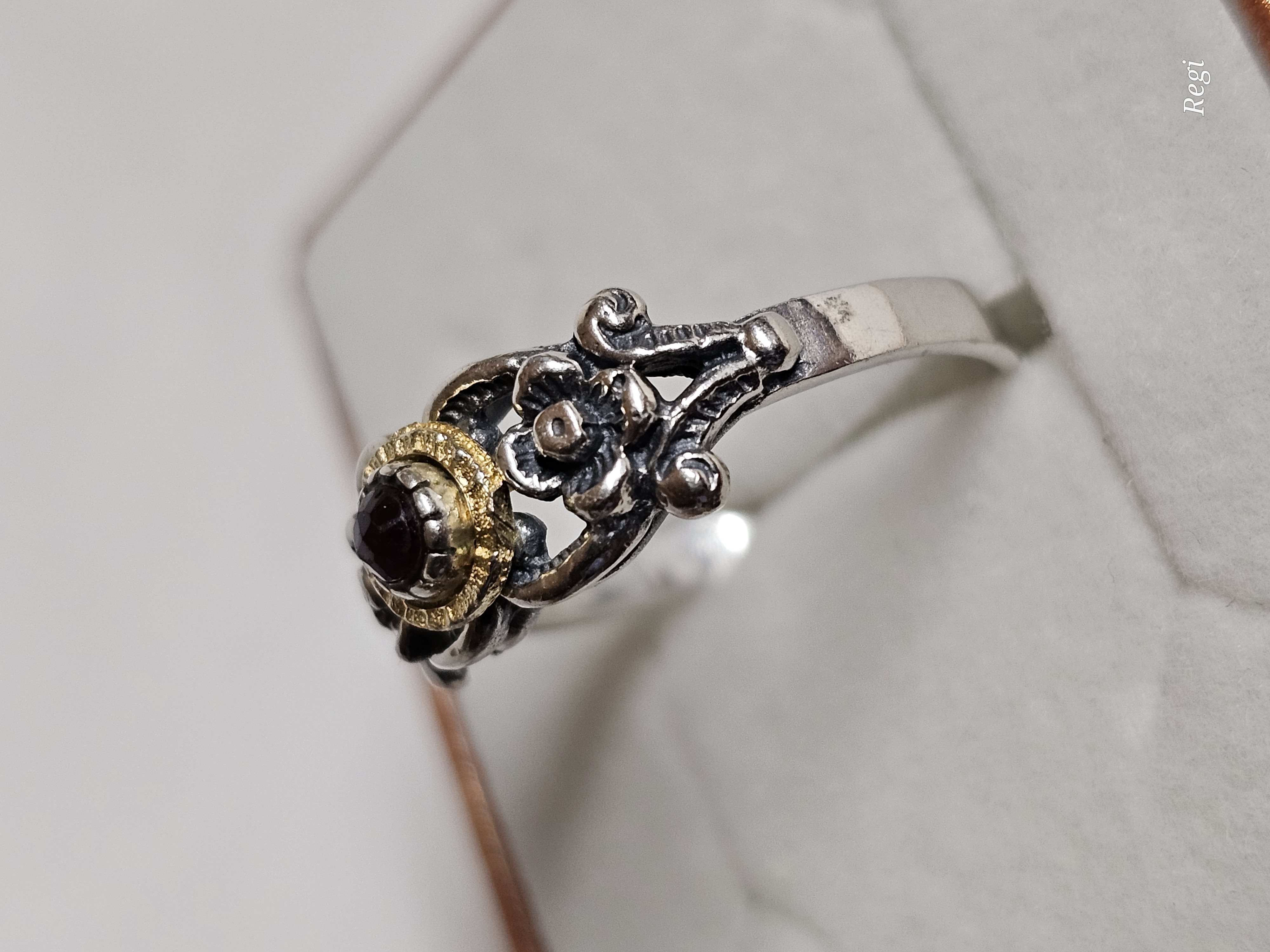 18,5 mm Nostalgischer Silberring Ring Silber 835 teilvergoldet Turmalin himbeerfarben Shabby Vintage kunstvoll selten rar SR1576 – Bild 2