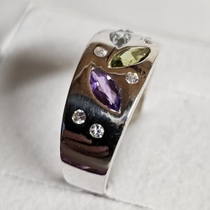 19 mm Silberring Ring Silber 925 Kristalle bunt Peridot Blautopas Amethyst Kristalle klar Design Vintage elegant SR1580
