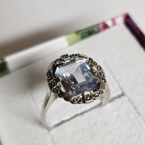 16,2 mm Jugendstil Ring Silber 935 Topas Blautopas & Markasiten antik selten Design Shabby Vintage elegant SR1582