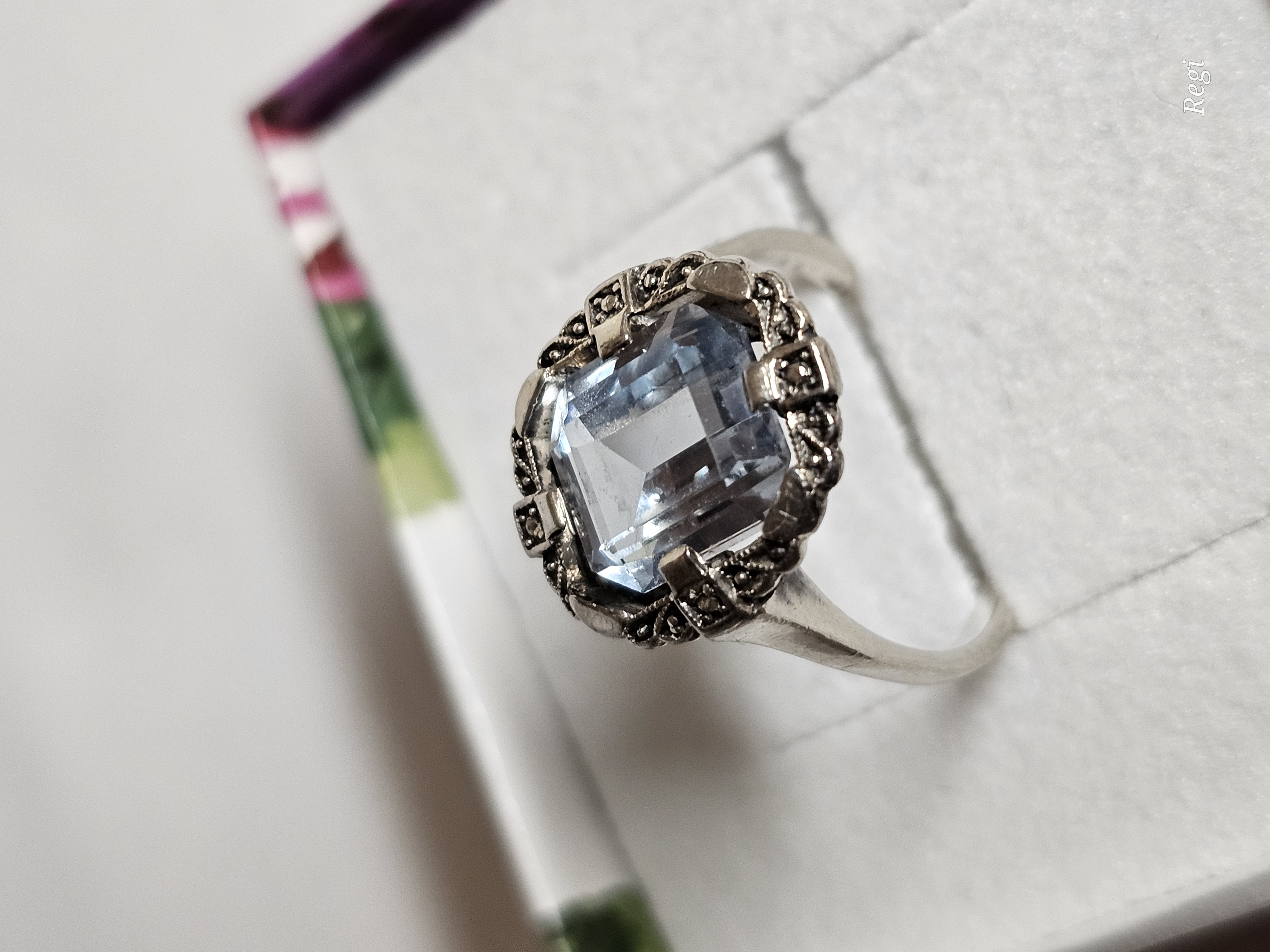 16,2 mm Jugendstil Ring Silber 935 Topas Blautopas & Markasiten antik selten Design Shabby Vintage elegant SR1582