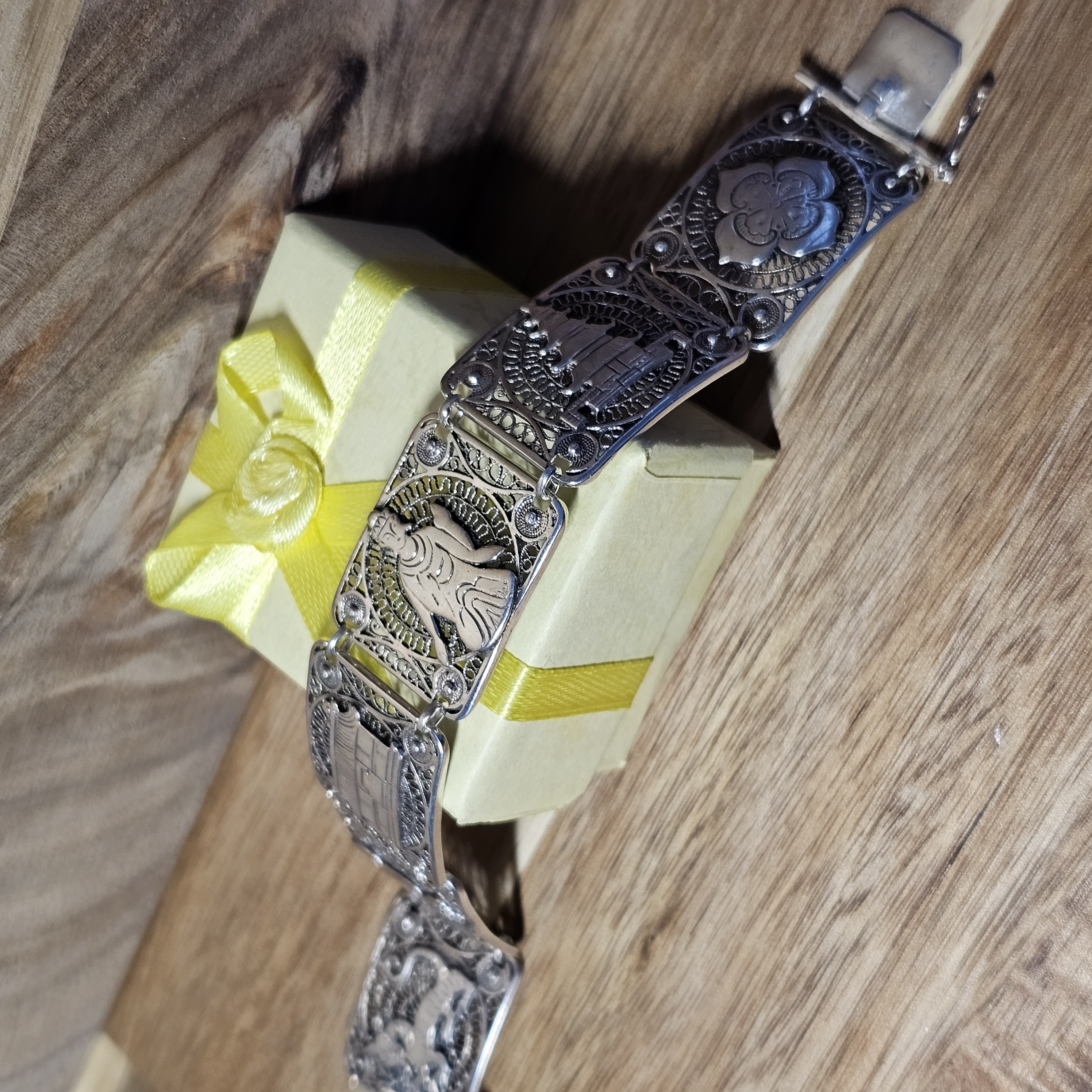 17,5 cm Art Deco Armband Gliederarmband filigran Silber Shabby Vintage Nostalgie asiatische Motive Drache Tempel Blüte selten rar SA525