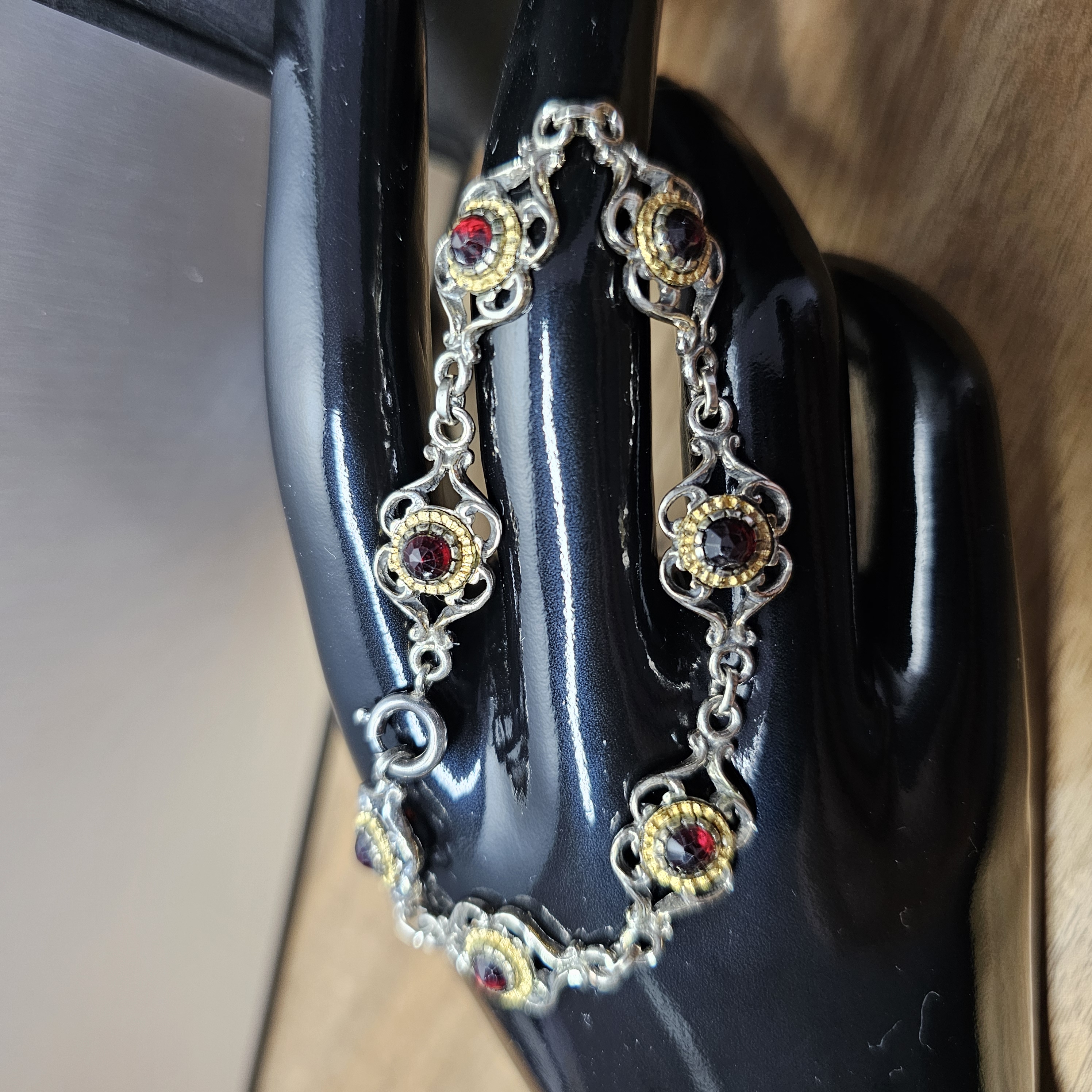 18,5 cm Nostalgisches Armband Gliederarmband Silber 835 teilvergoldet Turmalin himbeerfarben Shabby Vintage kunstvoll selten rar SA571